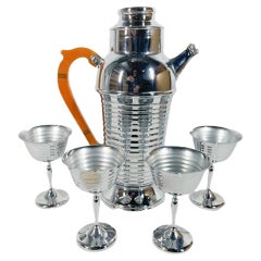 Antique Art Deco Chrome and Bakelite Cocktail Shaker Set with Ribbed Design