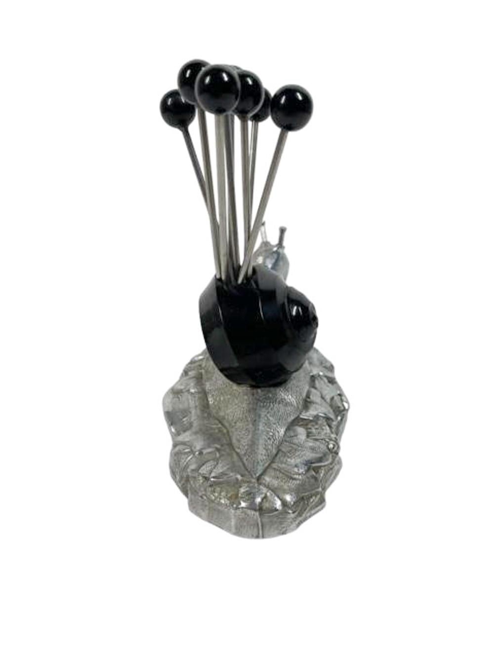 French Art Deco Chrome and Black Bakelite Ball-Top Cocktail Picks and Snail-Form Stand For Sale
