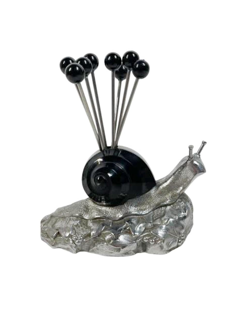 Art Deco Chrome and Black Bakelite Ball-Top Cocktail Picks and Snail-Form Stand In Good Condition For Sale In Nantucket, MA