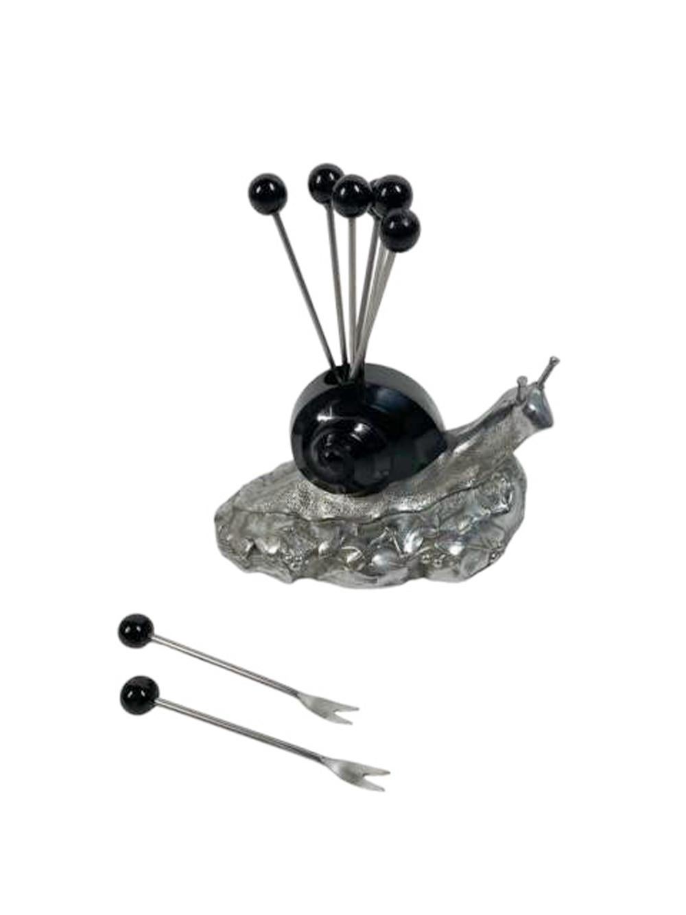 20th Century Art Deco Chrome and Black Bakelite Ball-Top Cocktail Picks and Snail-Form Stand For Sale