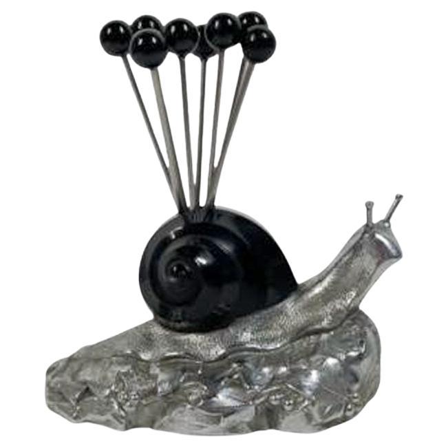 Art Deco Chrome and Black Bakelite Ball-Top Cocktail Picks and Snail-Form Stand For Sale