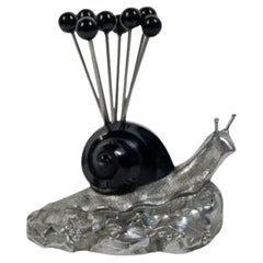 Antique Art Deco Chrome and Black Bakelite Ball-Top Cocktail Picks and Snail-Form Stand