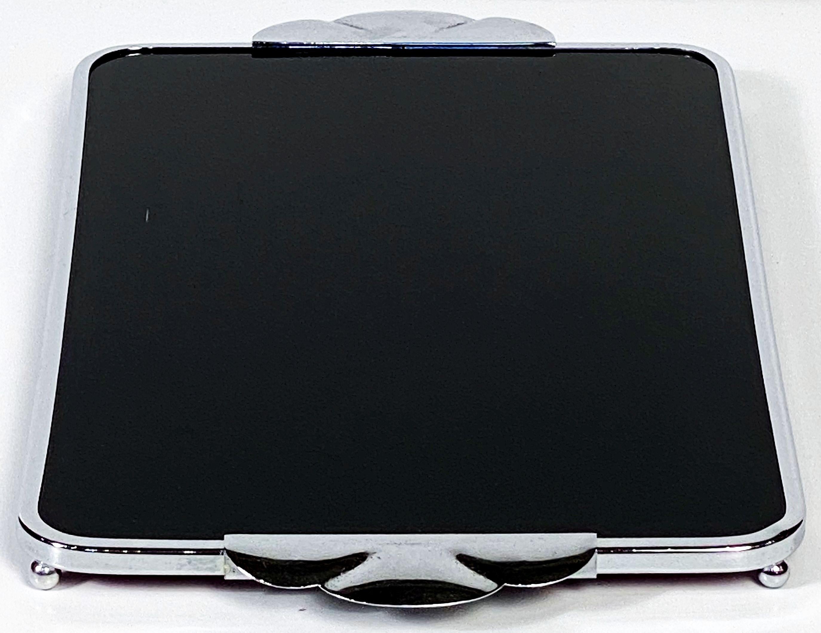 Art Deco Chrome and Black Glass Rectangular Serving Tray from England For Sale 3