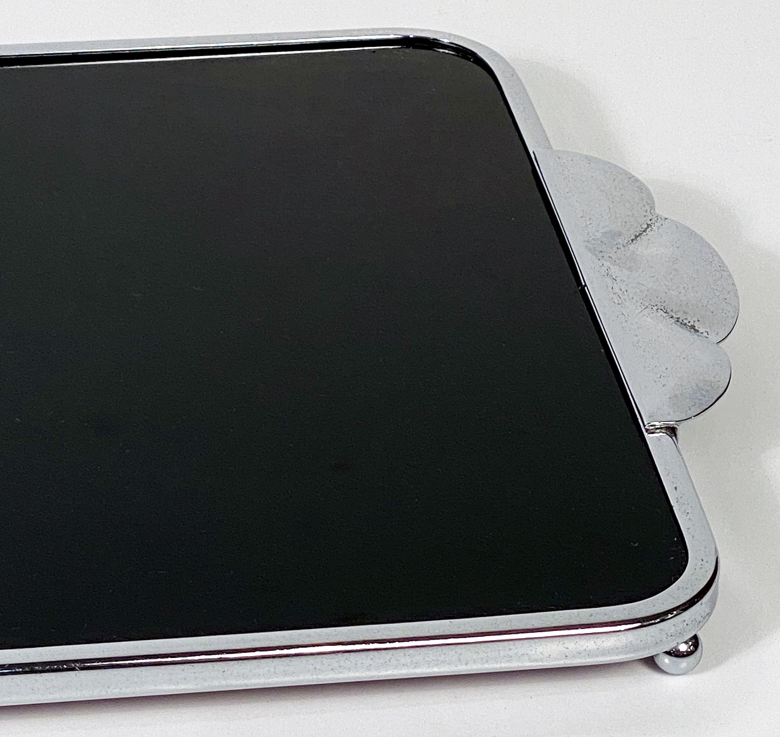 English Art Deco Chrome and Black Glass Rectangular Serving Tray from England For Sale