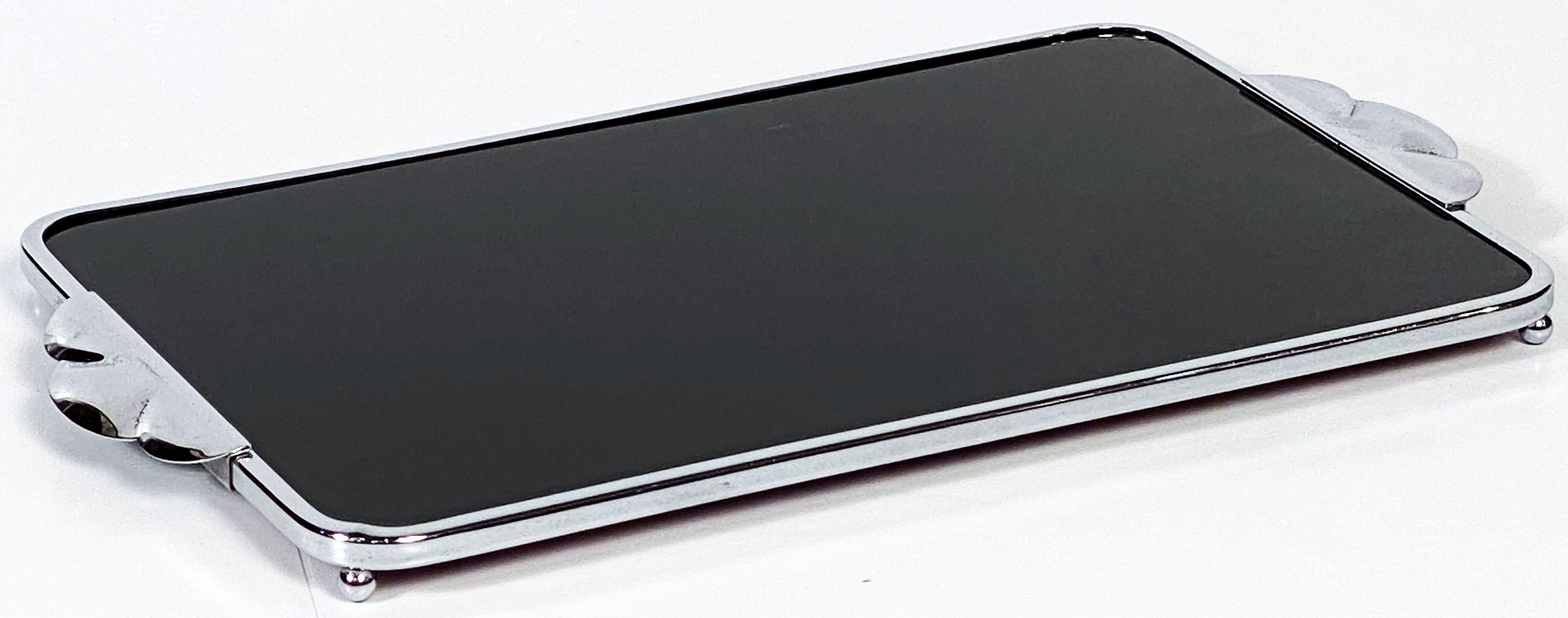 20th Century Art Deco Chrome and Black Glass Rectangular Serving Tray from England For Sale