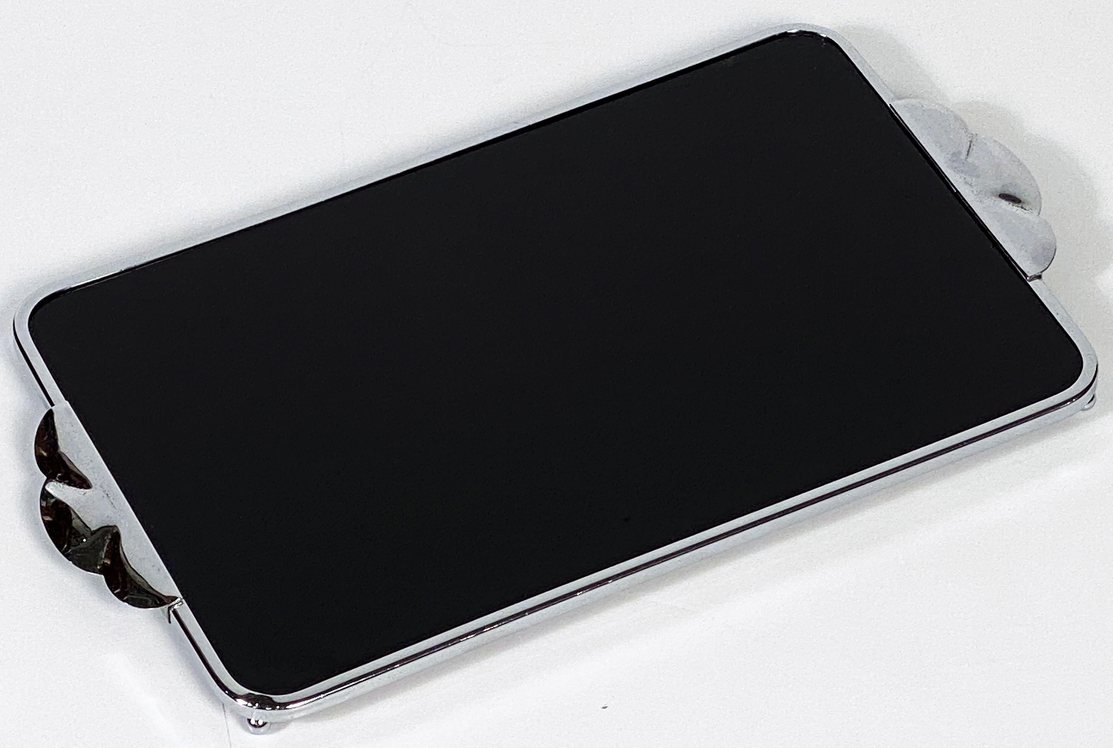 Art Deco Chrome and Black Glass Rectangular Serving Tray from England For Sale 1