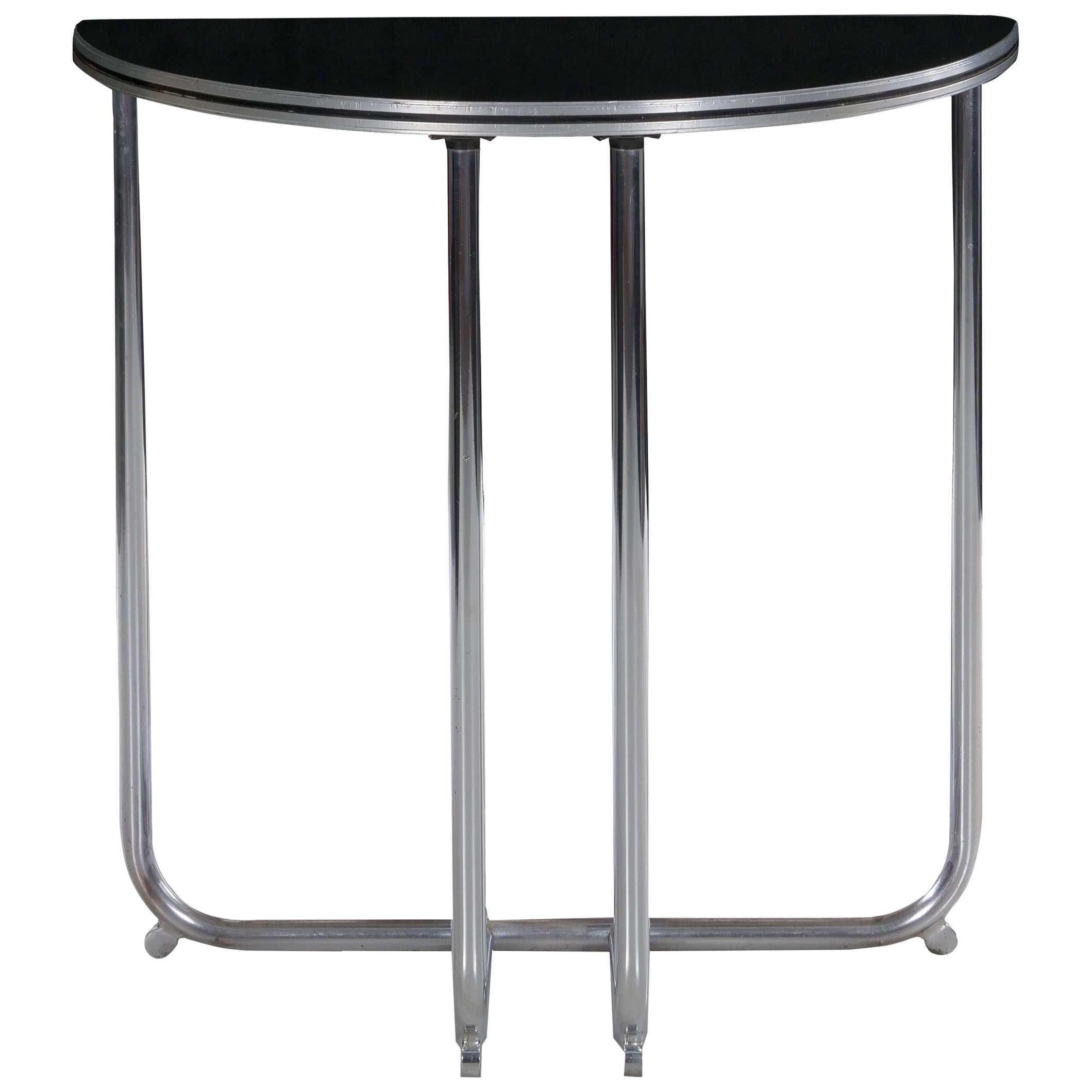Art Deco Chrome and Black Lacquer Demilune Side Table by Royalchrome circa 1930s