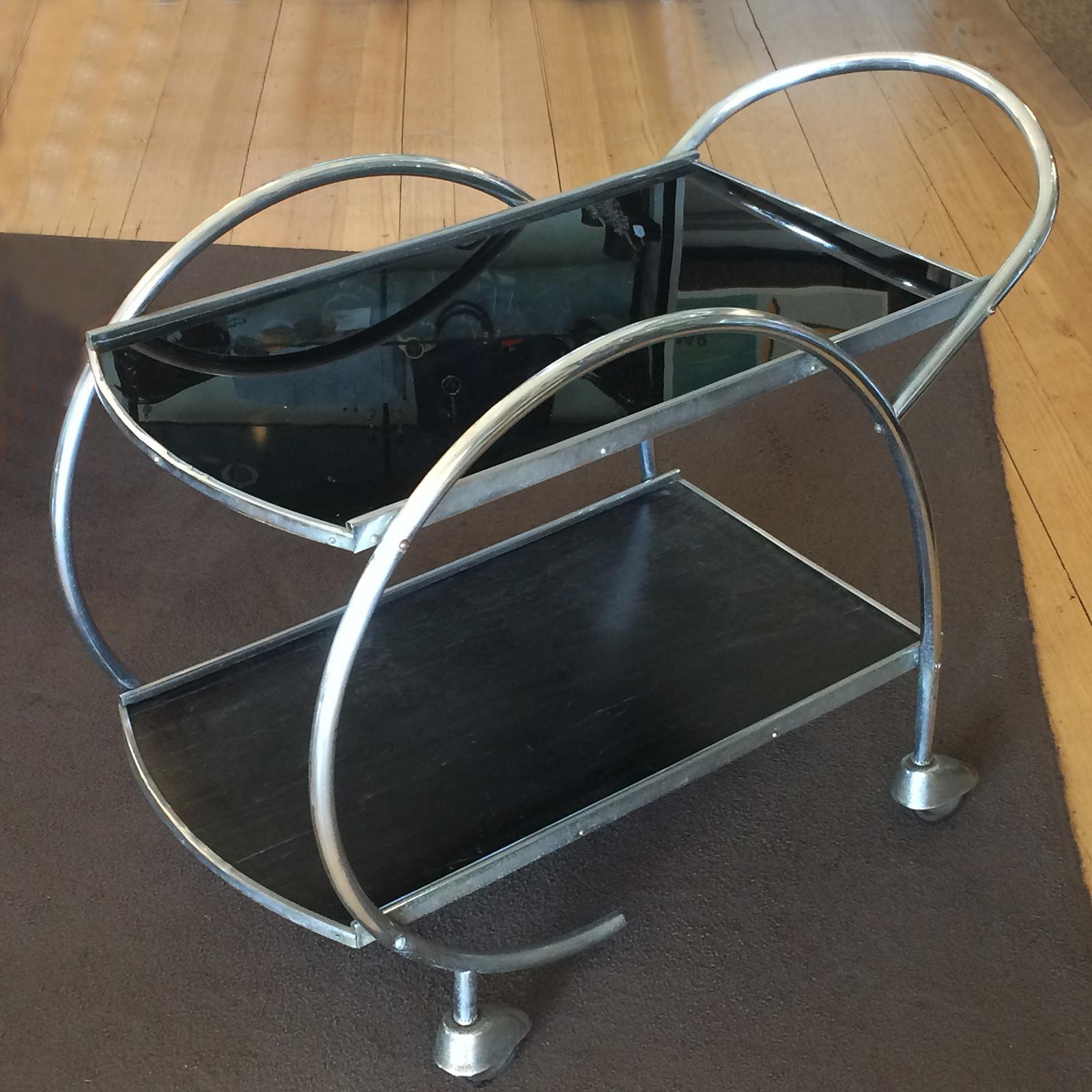 Art Deco Chrome and Black Vitrolite Glass Bar Cart or Auto Trolley In Good Condition In Daylesford, Victoria