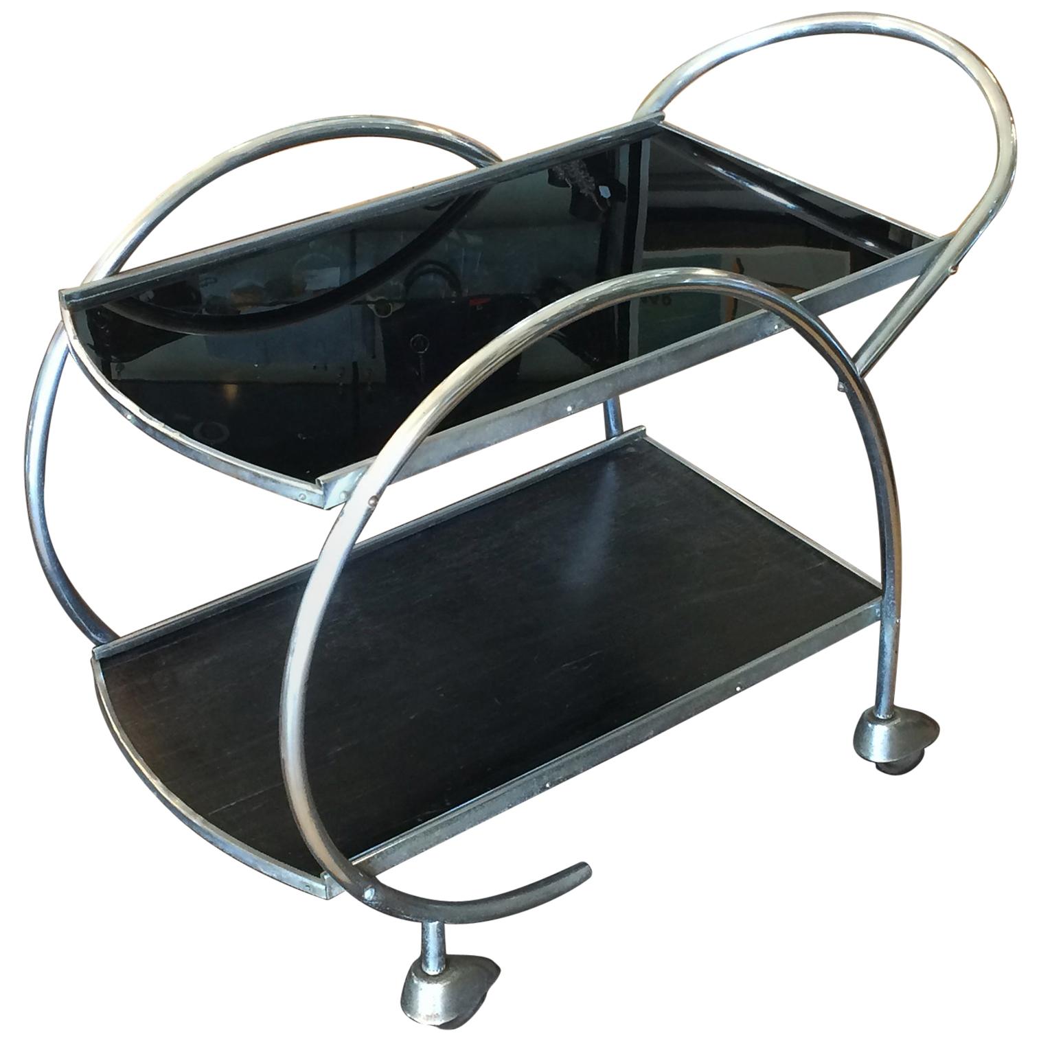 Art Deco Chrome and Black Vitrolite Glass Bar Cart or Auto Trolley