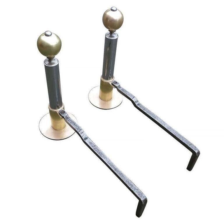 Art Deco Chrome and Brass Geometric Andirons Attributed to Donald Deskey In Excellent Condition For Sale In Van Nuys, CA