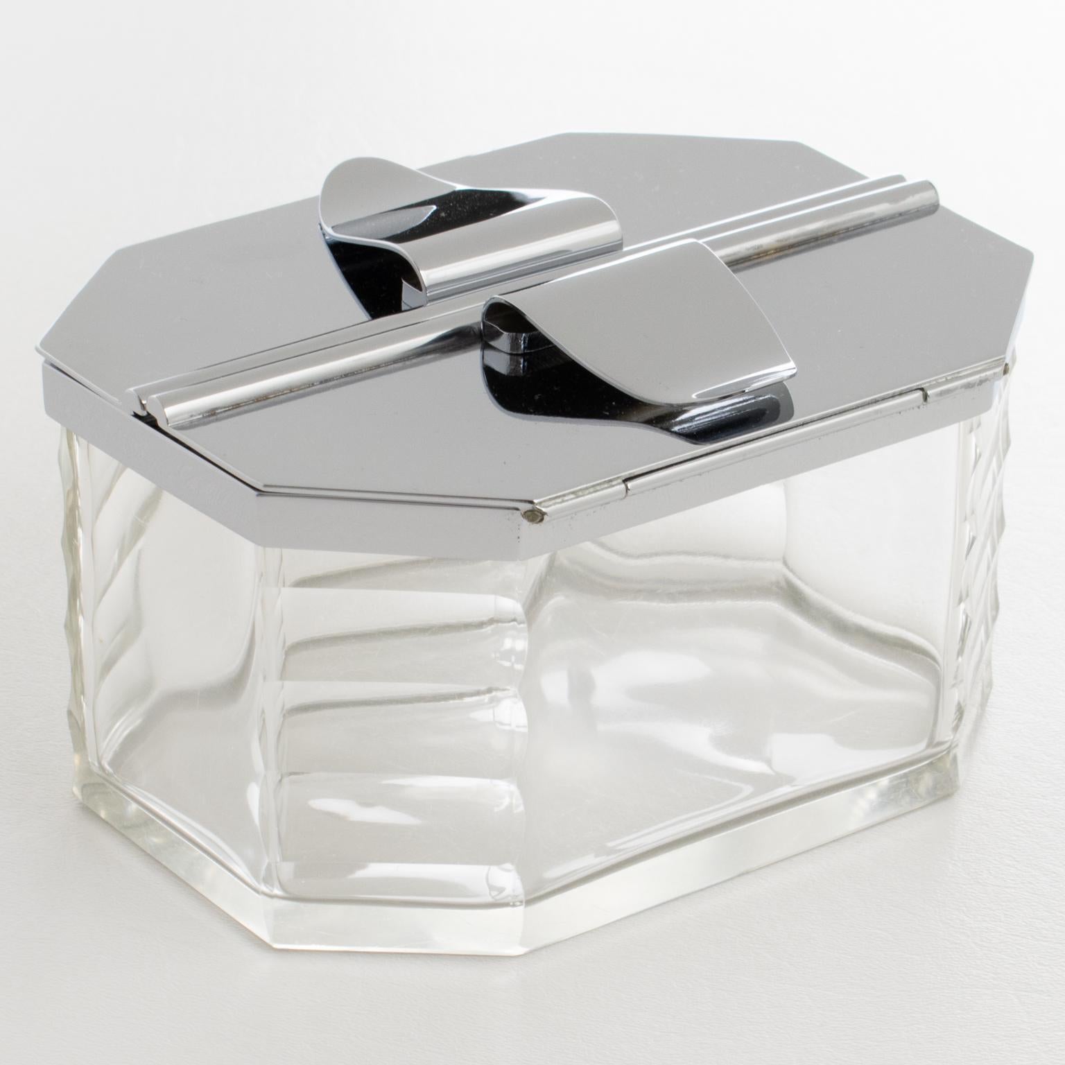 French Art Deco Chrome and Crystal Decorative Cookie Box, Candie Jar, France 1930s For Sale