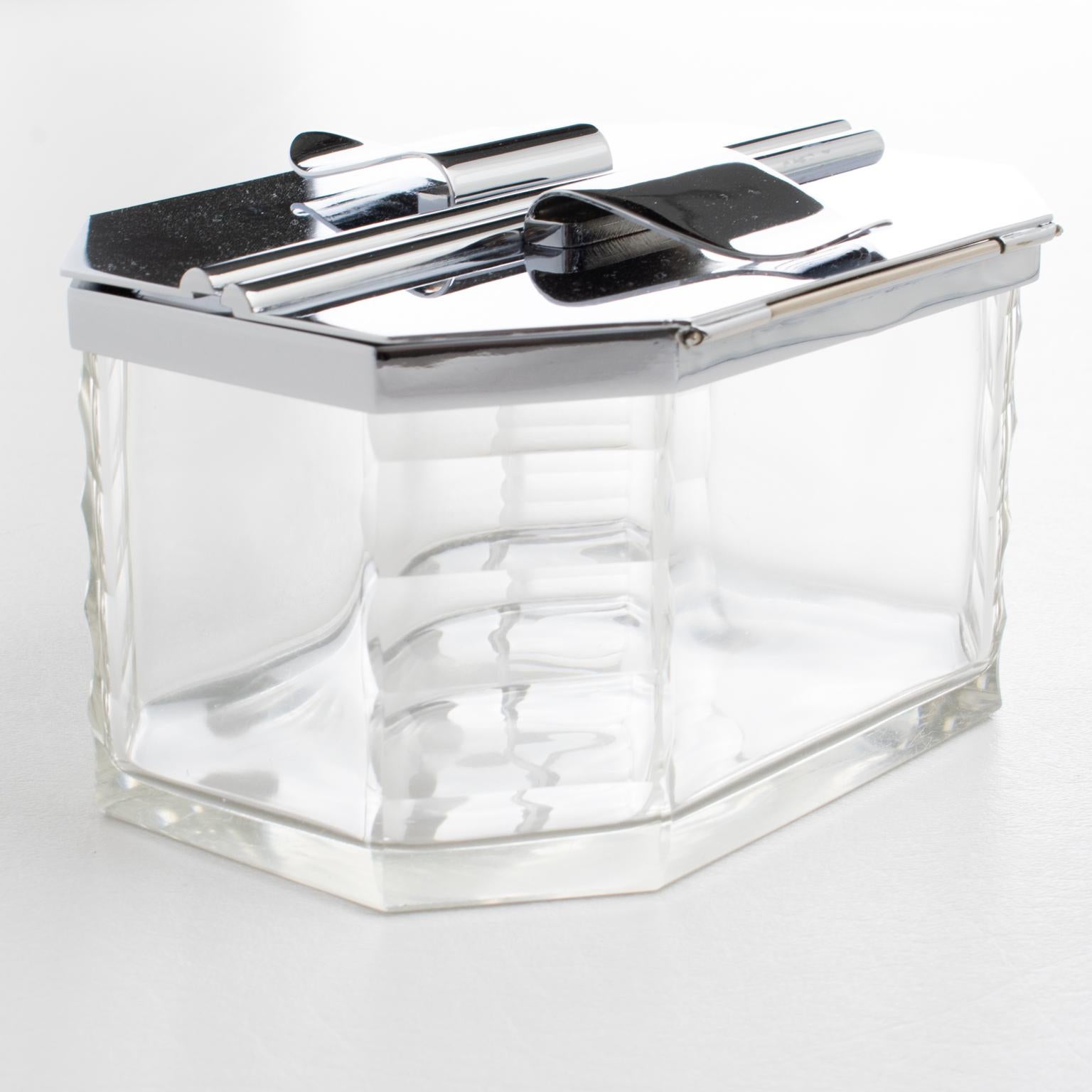 Art Deco Chrome and Crystal Decorative Cookie Box, Candie Jar, France 1930s For Sale 3