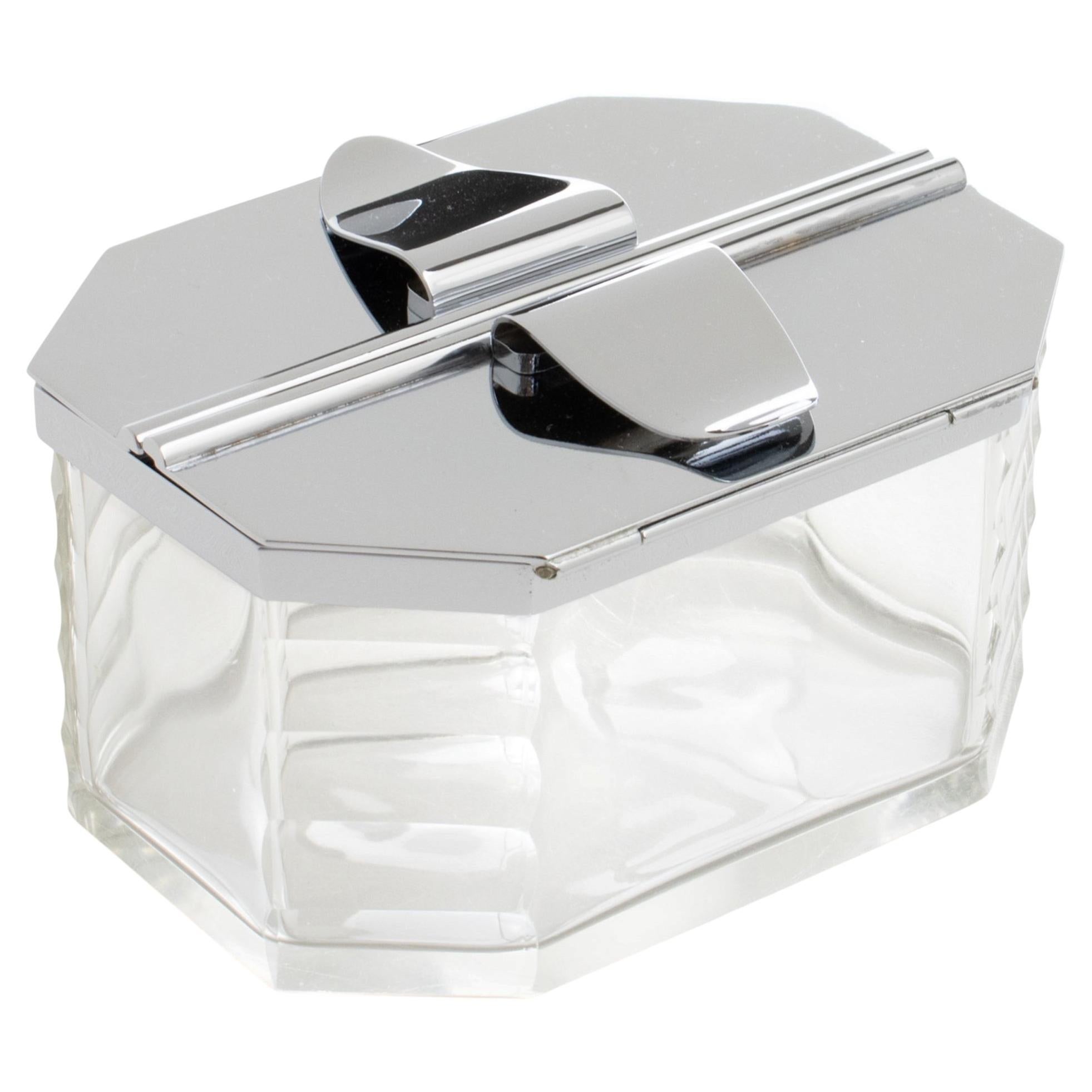 Art Deco Chrome and Crystal Decorative Cookie Box, Candie Jar, France circa 1930 For Sale