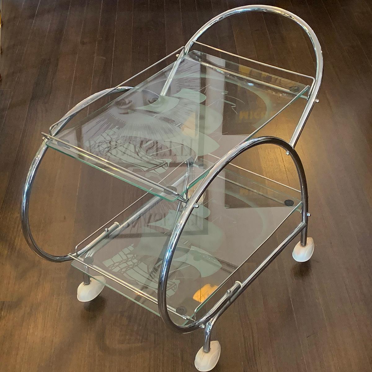 British Art Deco Chrome and Etched Glass Bar Cart Trolley For Sale