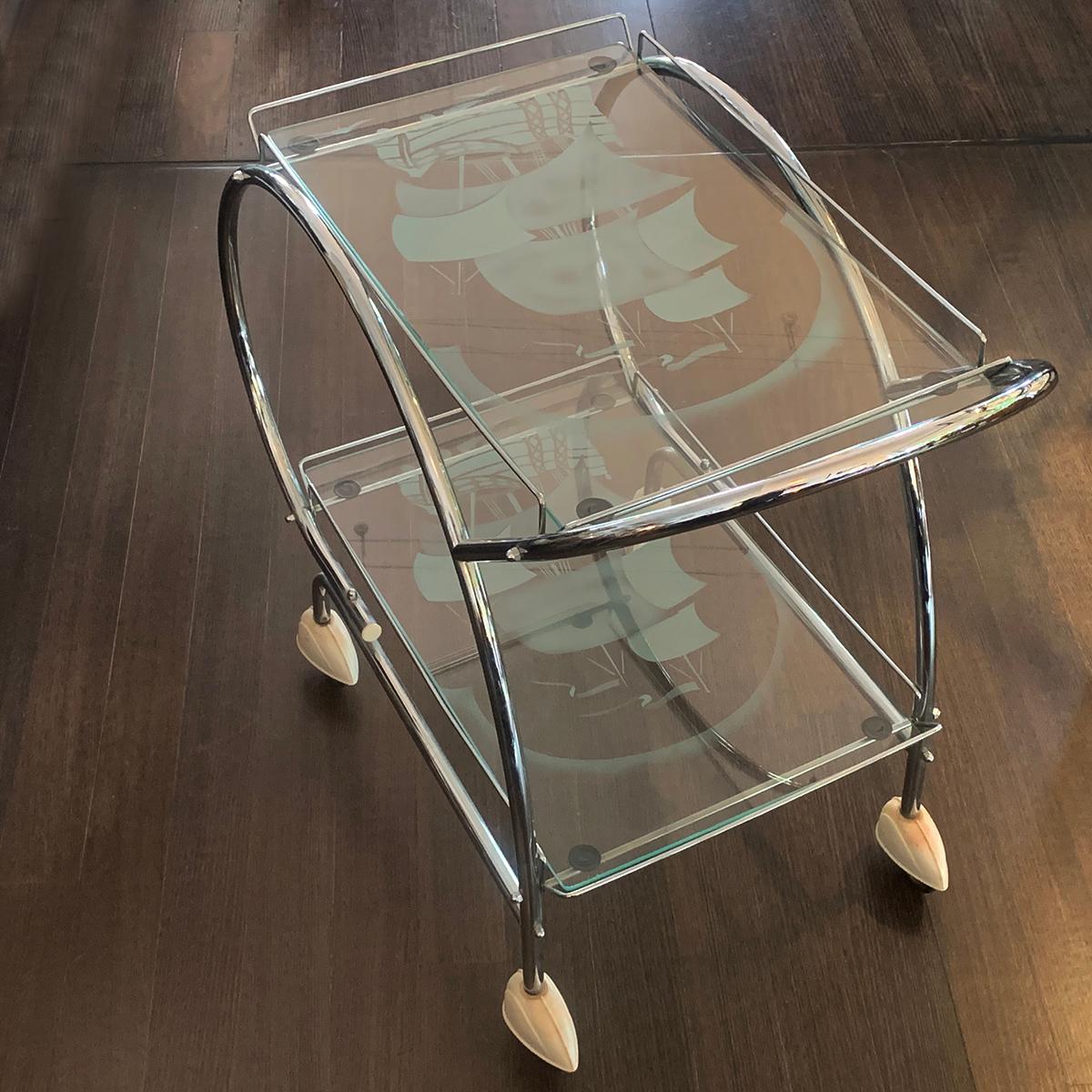 Art Deco Chrome and Etched Glass Bar Cart Trolley For Sale 1