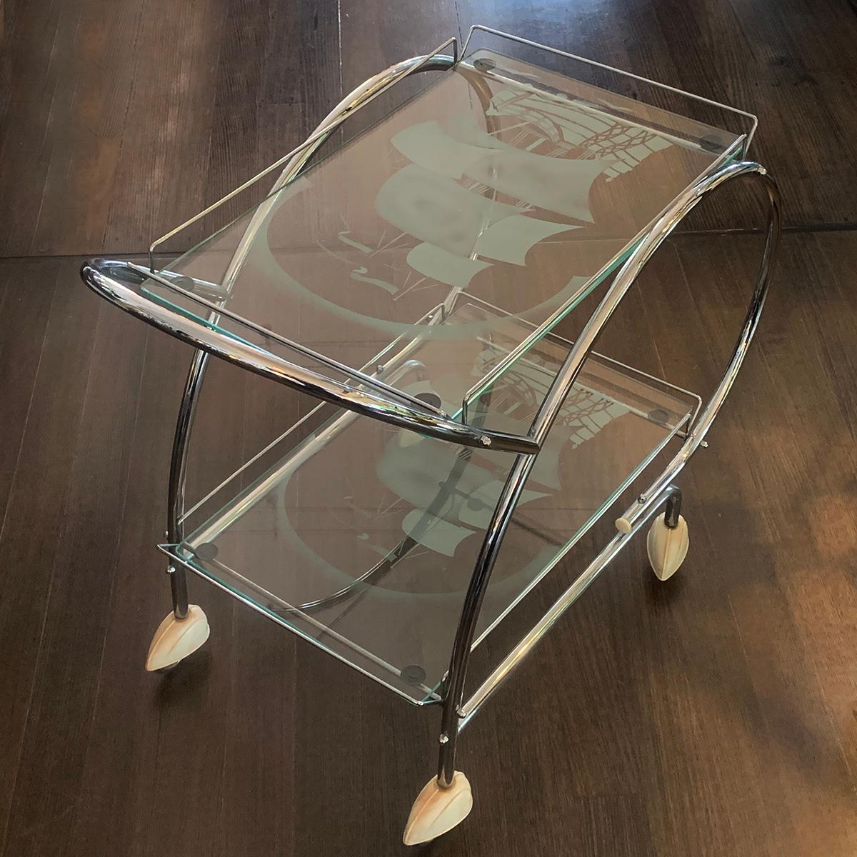Art Deco Chrome and Etched Glass Bar Cart Trolley For Sale 2
