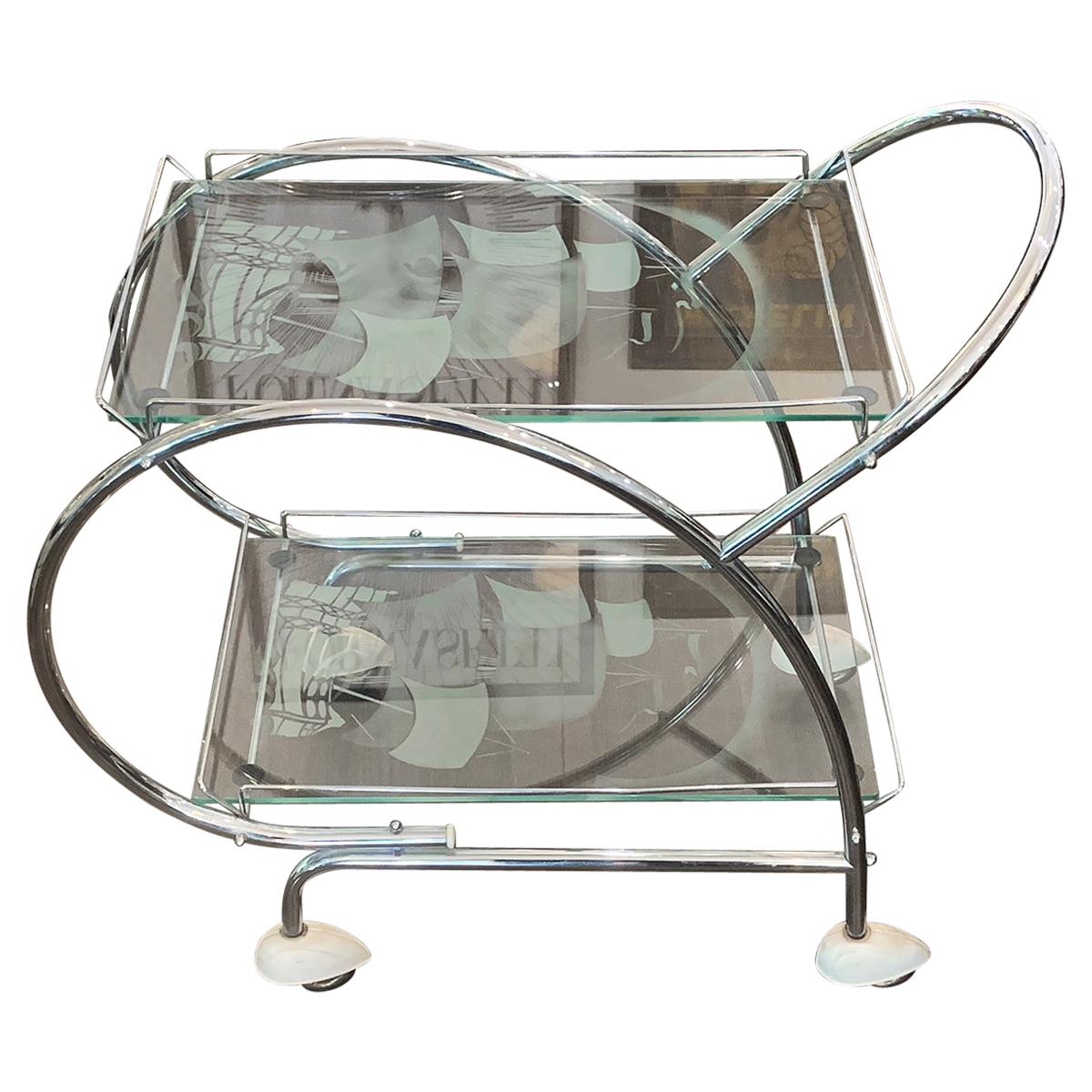 Art Deco Chrome and Etched Glass Bar Cart Trolley For Sale