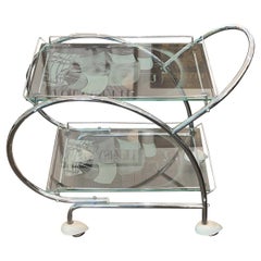 Art Deco Chrome and Etched Glass Bar Cart Trolley