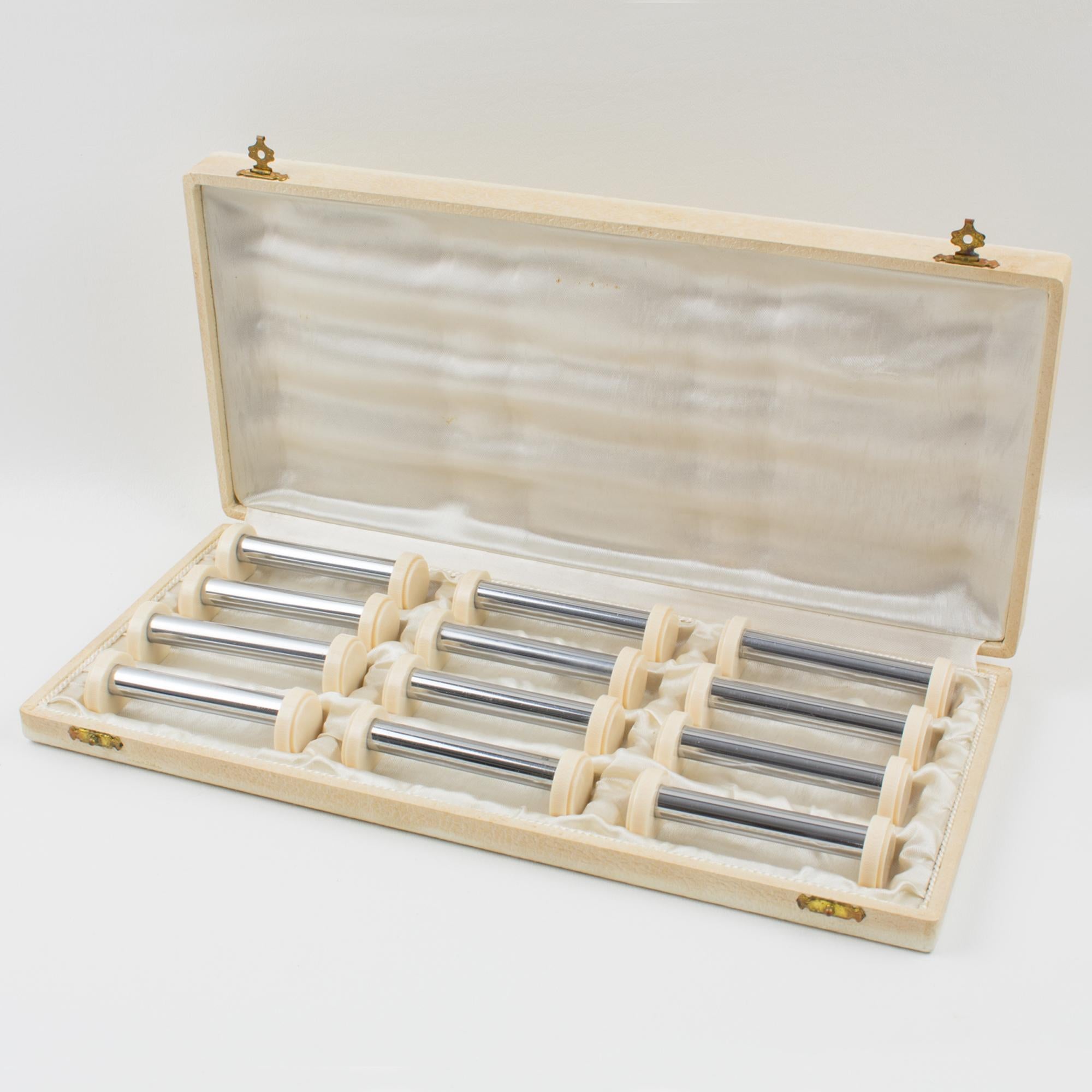 French Art Deco Chrome and Galalith Chopstick Knife Rests, 12 Pieces in Box For Sale