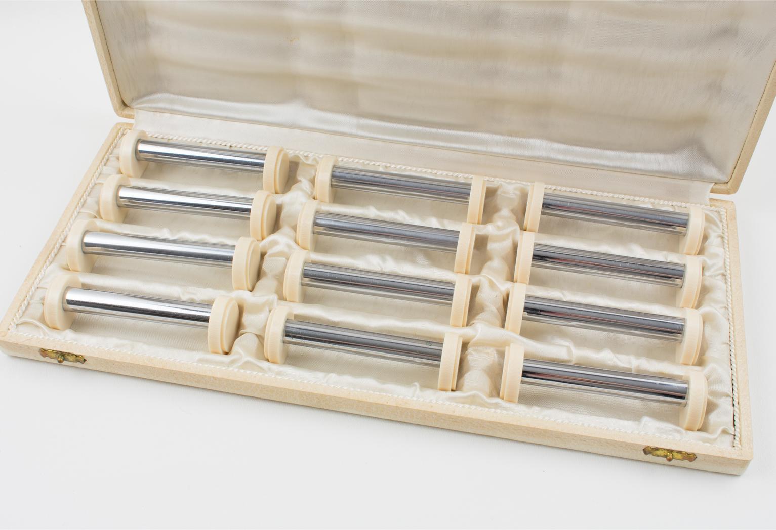 Art Deco Chrome and Galalith Chopstick Knife Rests, 12 Pieces in Box In Good Condition For Sale In Atlanta, GA