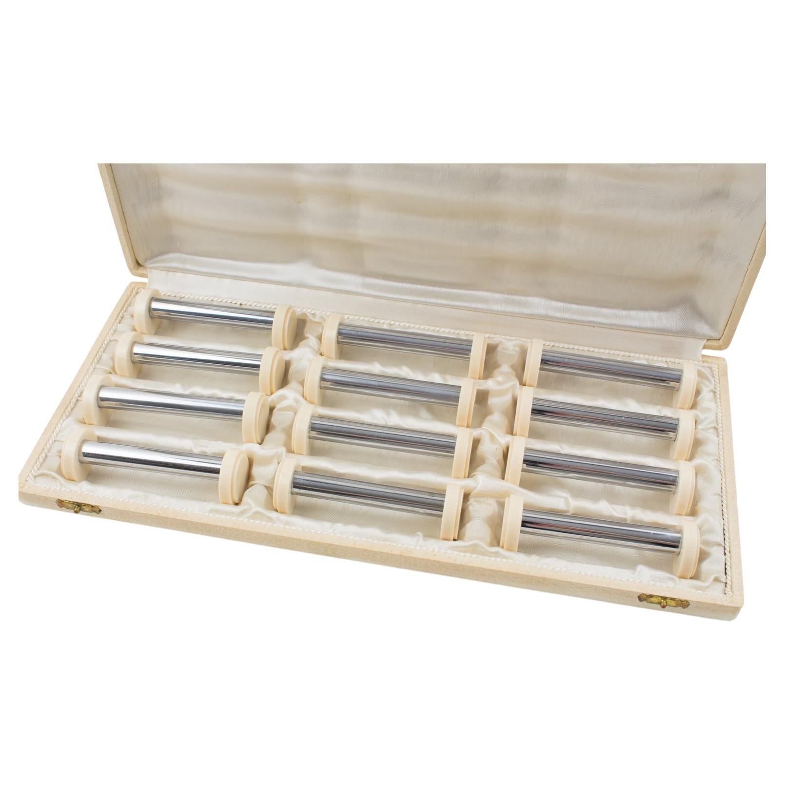 Chopstick-Messerstützen aus Chrom und Galalith im Art déco-Stil, 12 Teile in Schachtel