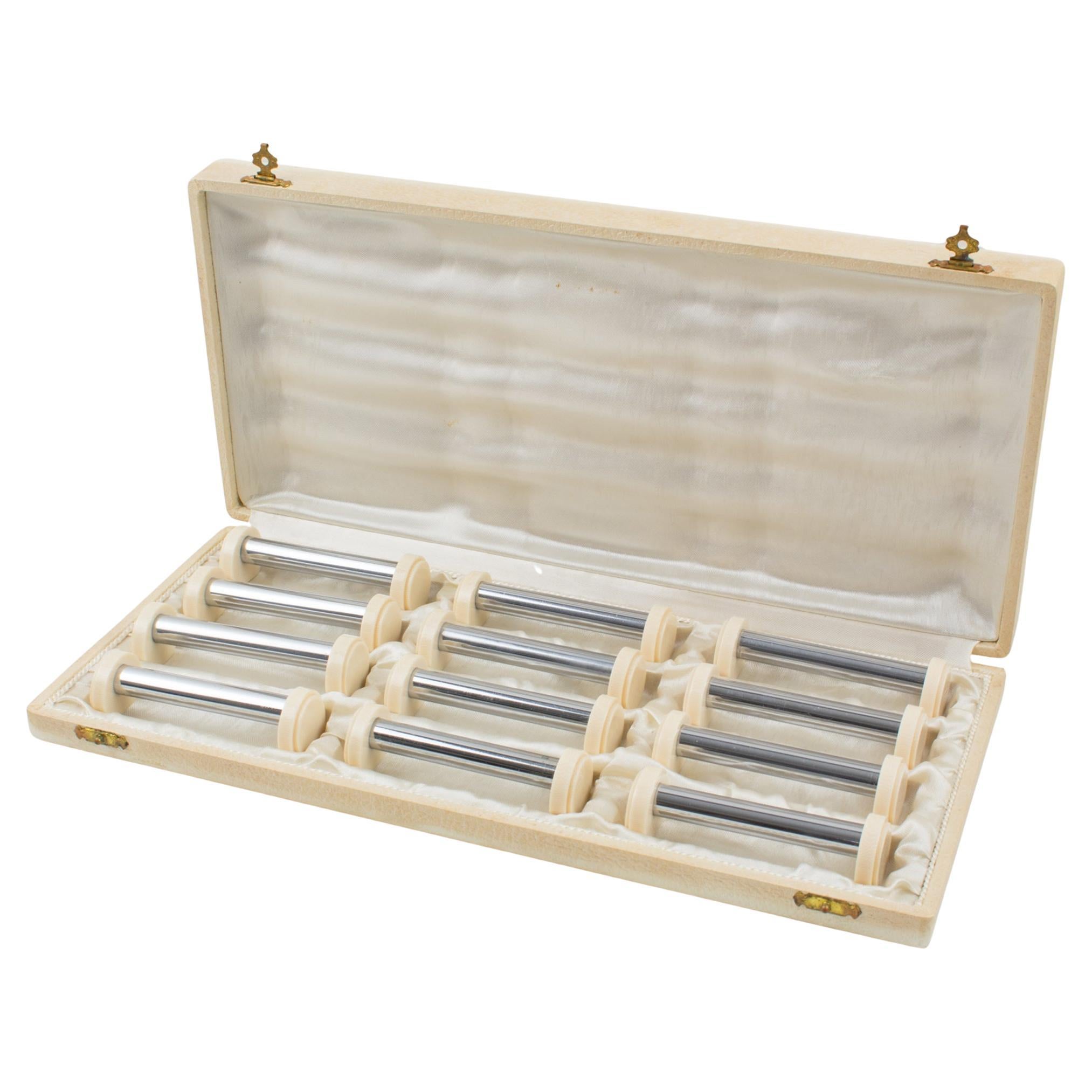 Art Deco Chrome and Galalith Chopstick Knife Rests, 12 Pieces in Box For Sale