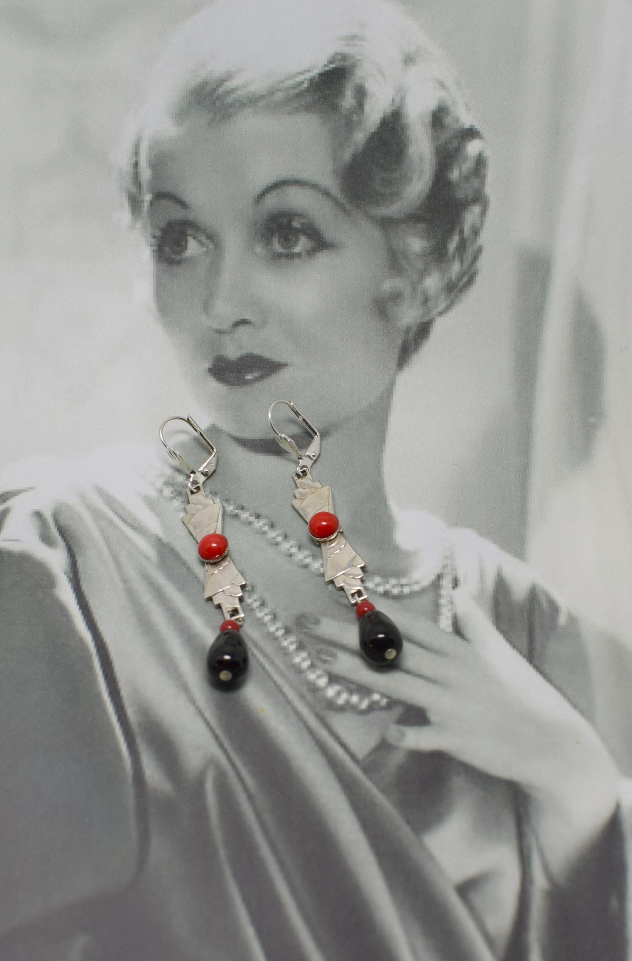 Art Deco Chrome and Glass 1930s Drop Earrings 2