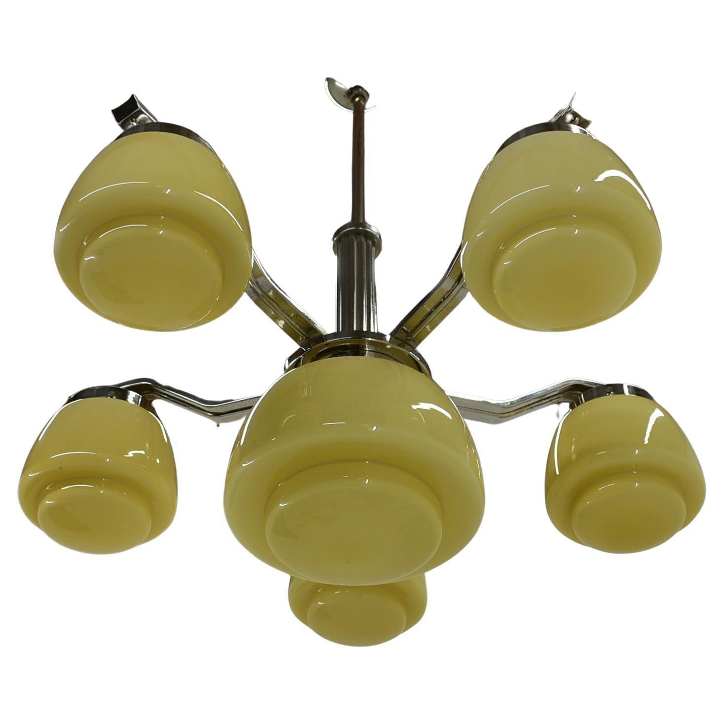 Art Deco Chrome and Glass Chandelier, 1920s For Sale