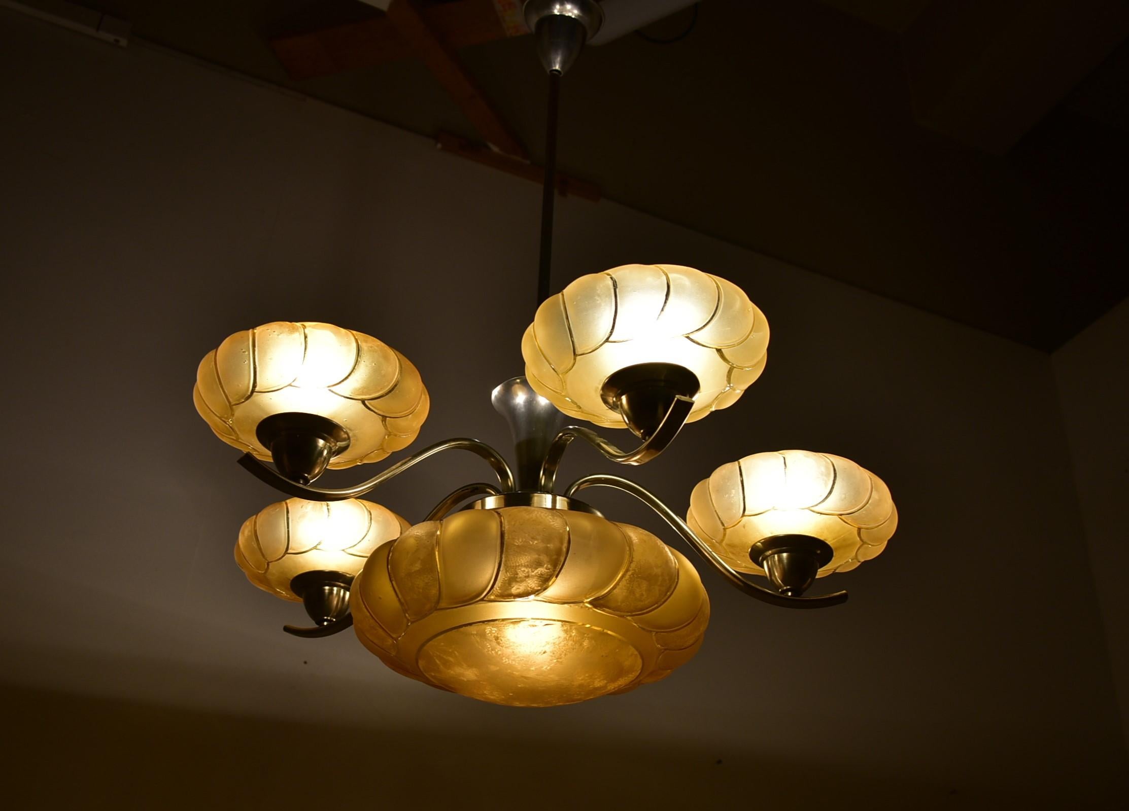 Art Deco chandelier, produced in former Czechoslovakia in the 1930's. 
 good condition, rewired.
6x40W, E25-E27 bulbs.
US wiring compatible.
cleaned , repolished