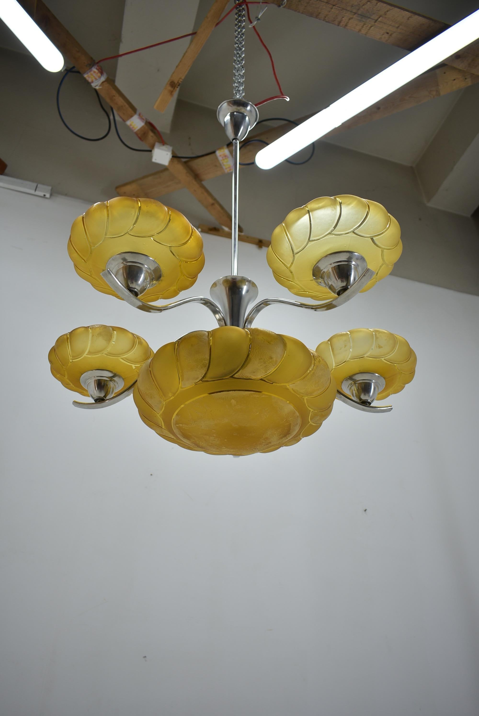 Art Deco Chrome and Glass Chandelier, 1930s For Sale 2