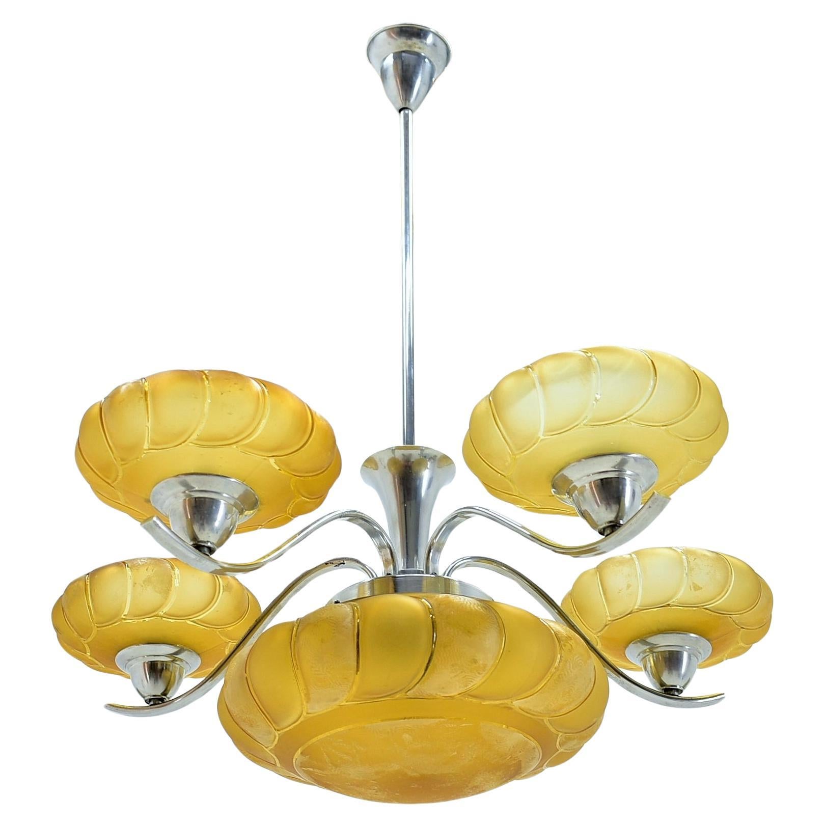 Art Deco Chrome and Glass Chandelier, 1930s For Sale