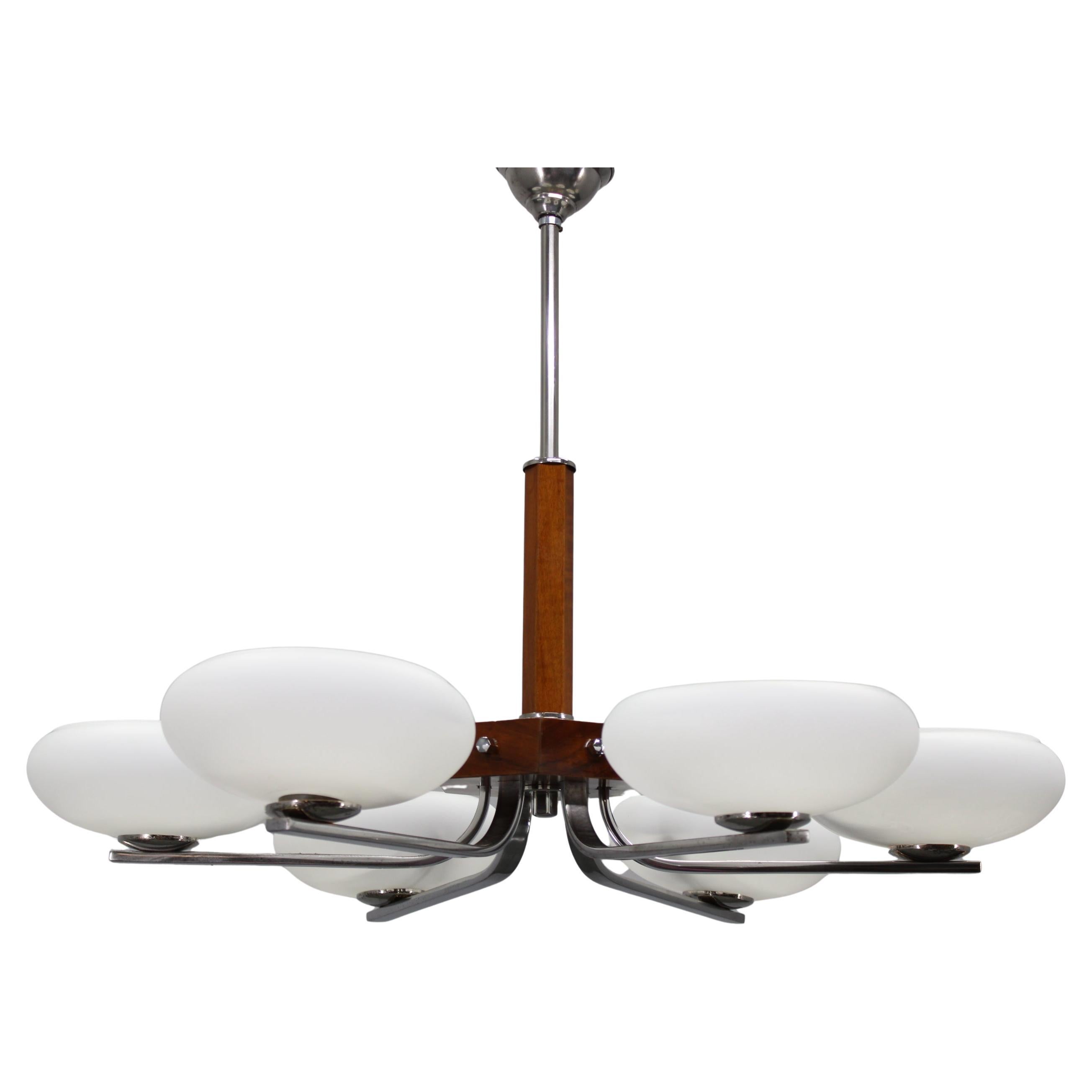 Art Deco Chrome and Glass Chandelier, Czechoslovakia, 1940s For Sale