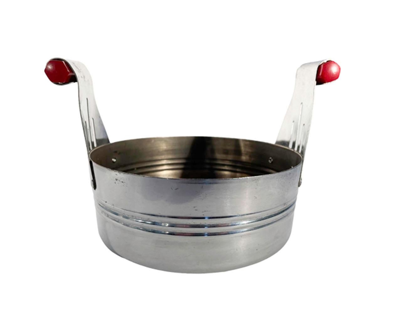 Art Deco Chrome and Glass Ice Bowl with Cherry Red Bakelite Handles For Sale 1