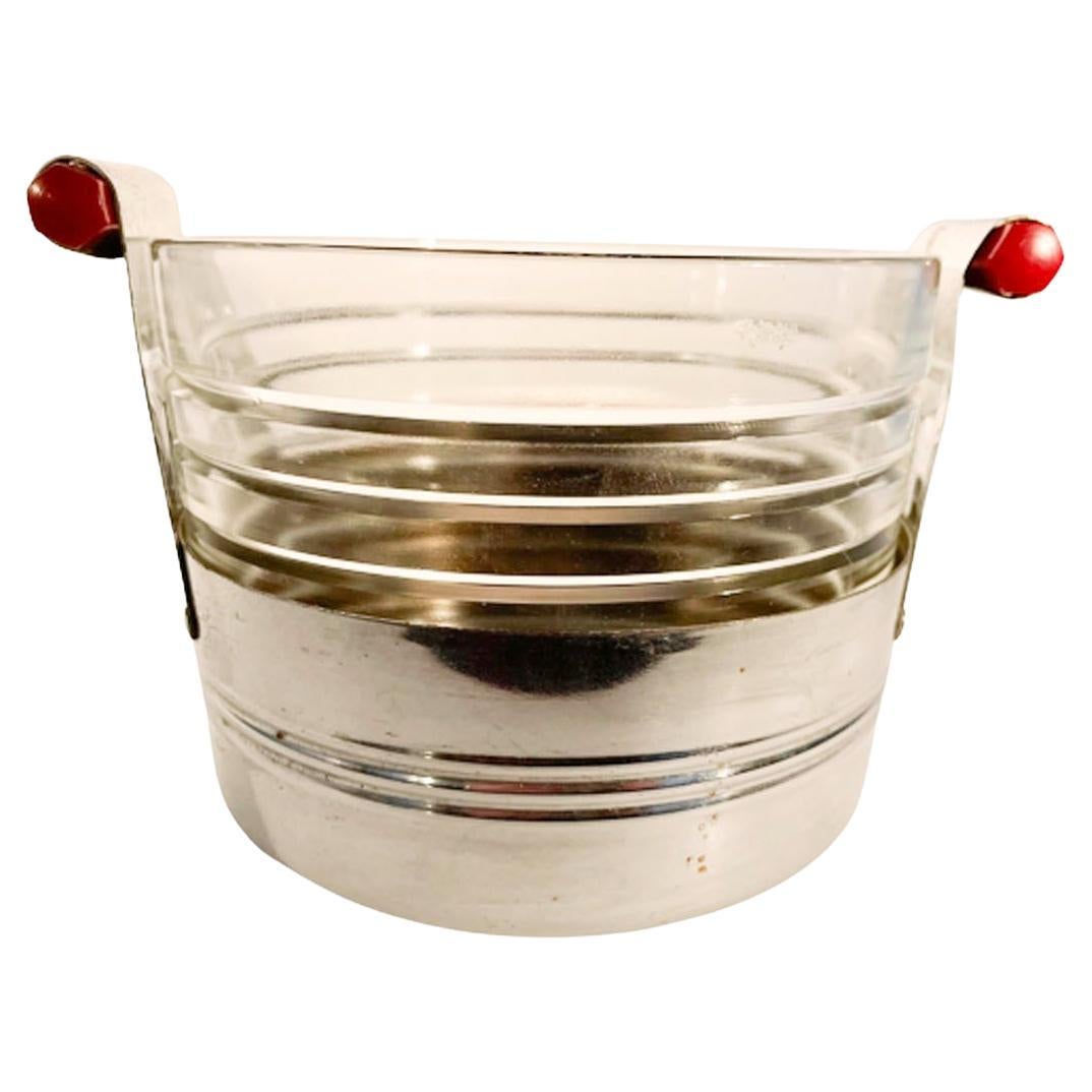 Art Deco Chrome and Glass Ice Bowl with Cherry Red Bakelite Handles For Sale