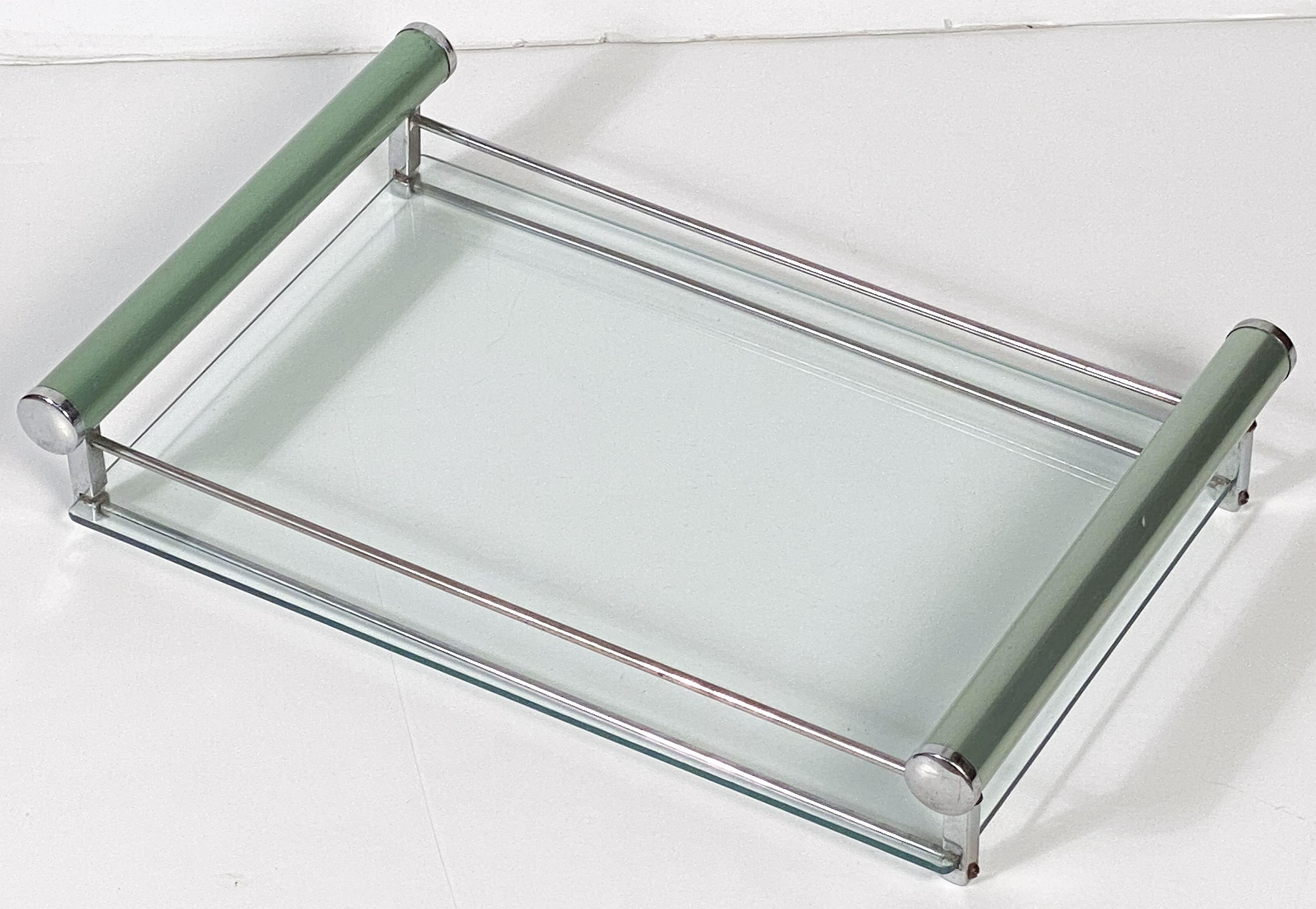 Art Deco Chrome and Glass Tray With Green Handles from England 8