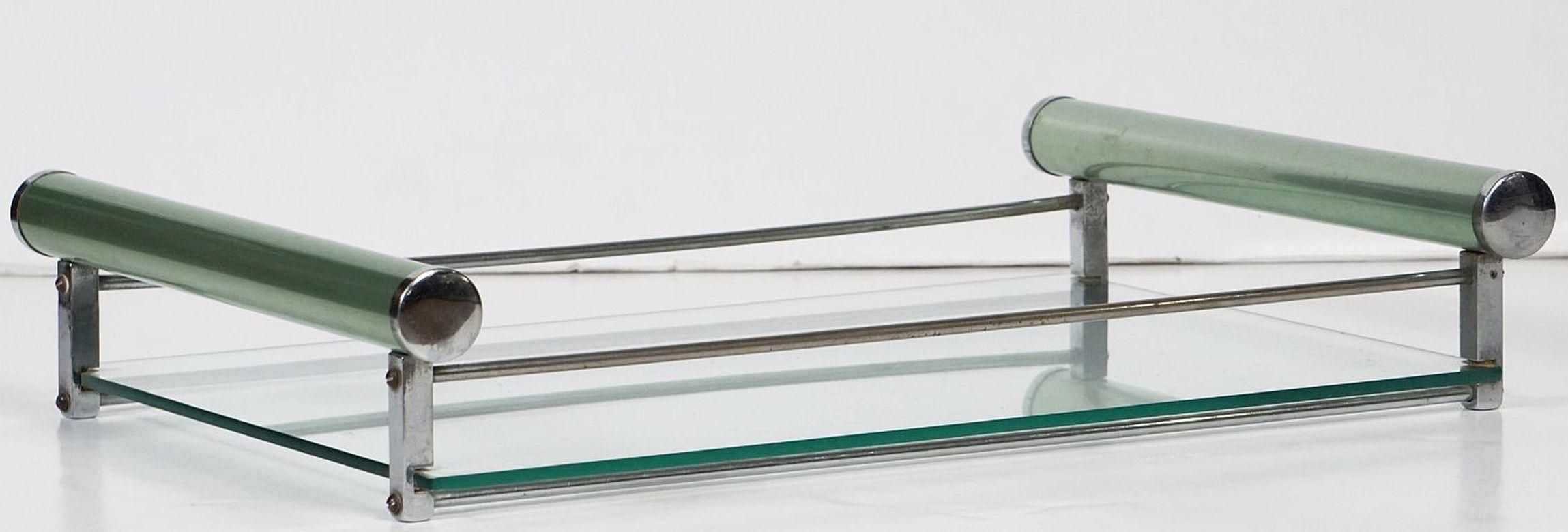 Art Deco Chrome and Glass Tray With Green Handles from England 9