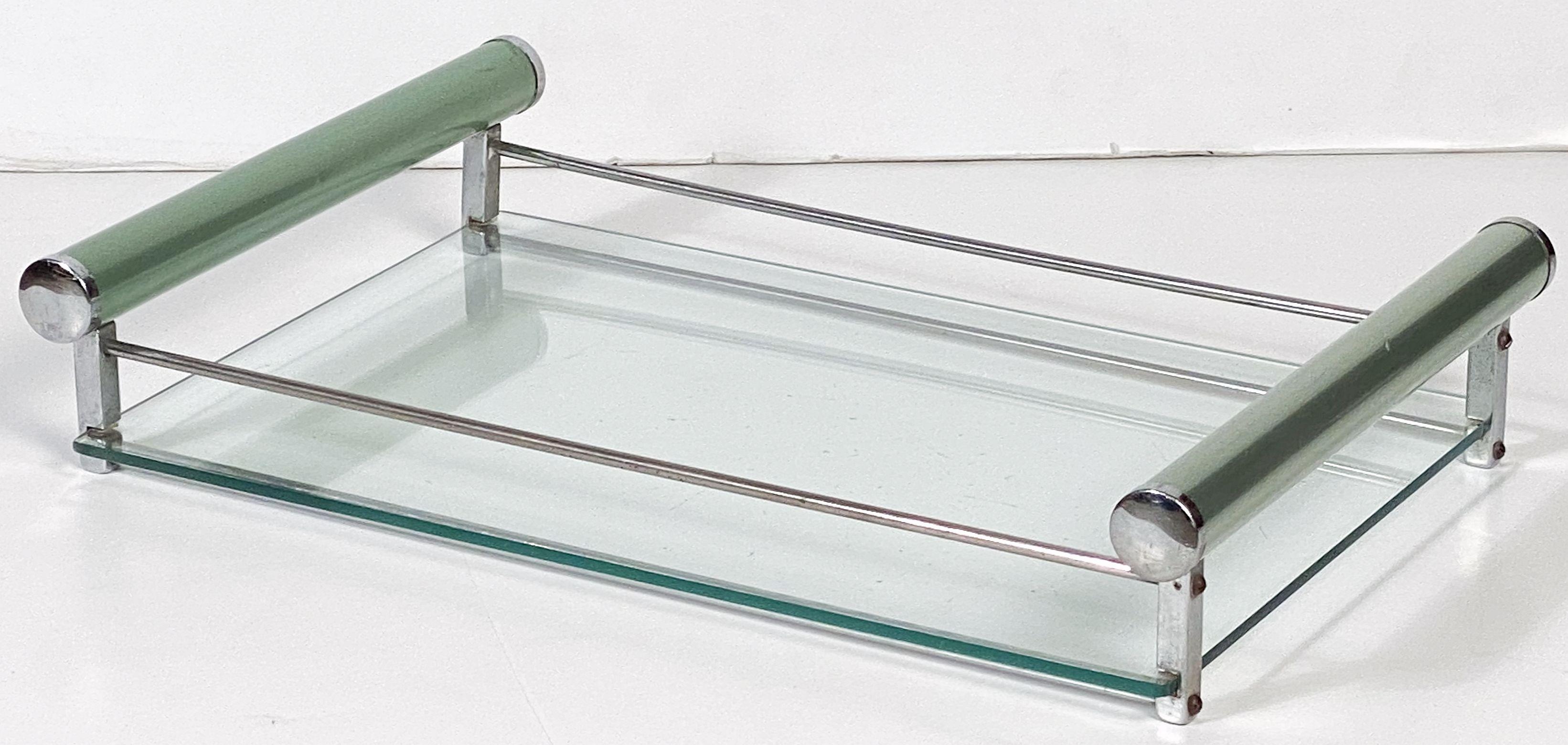 English Art Deco Chrome and Glass Tray With Green Handles from England