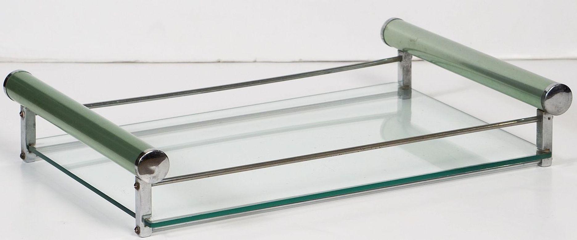 Art Deco Chrome and Glass Tray With Green Handles from England In Good Condition In Austin, TX