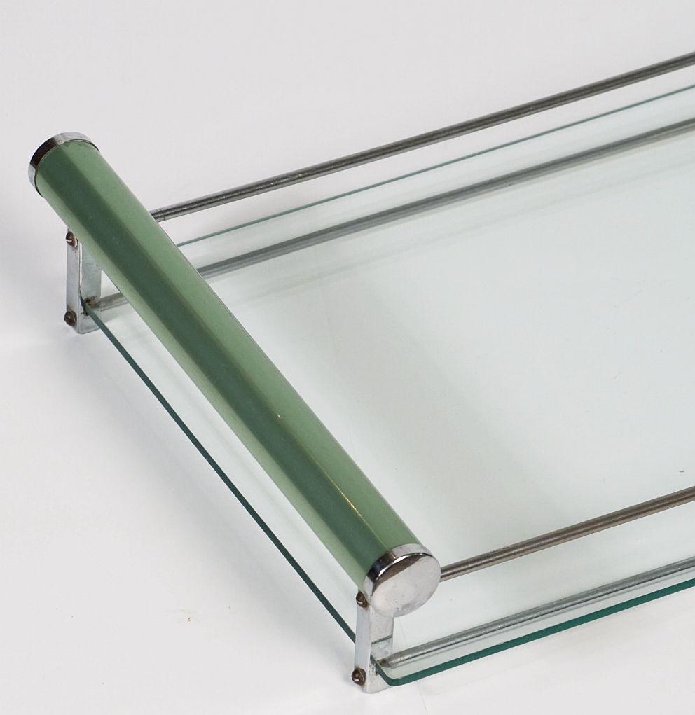 Art Deco Chrome and Glass Tray With Green Handles from England 1