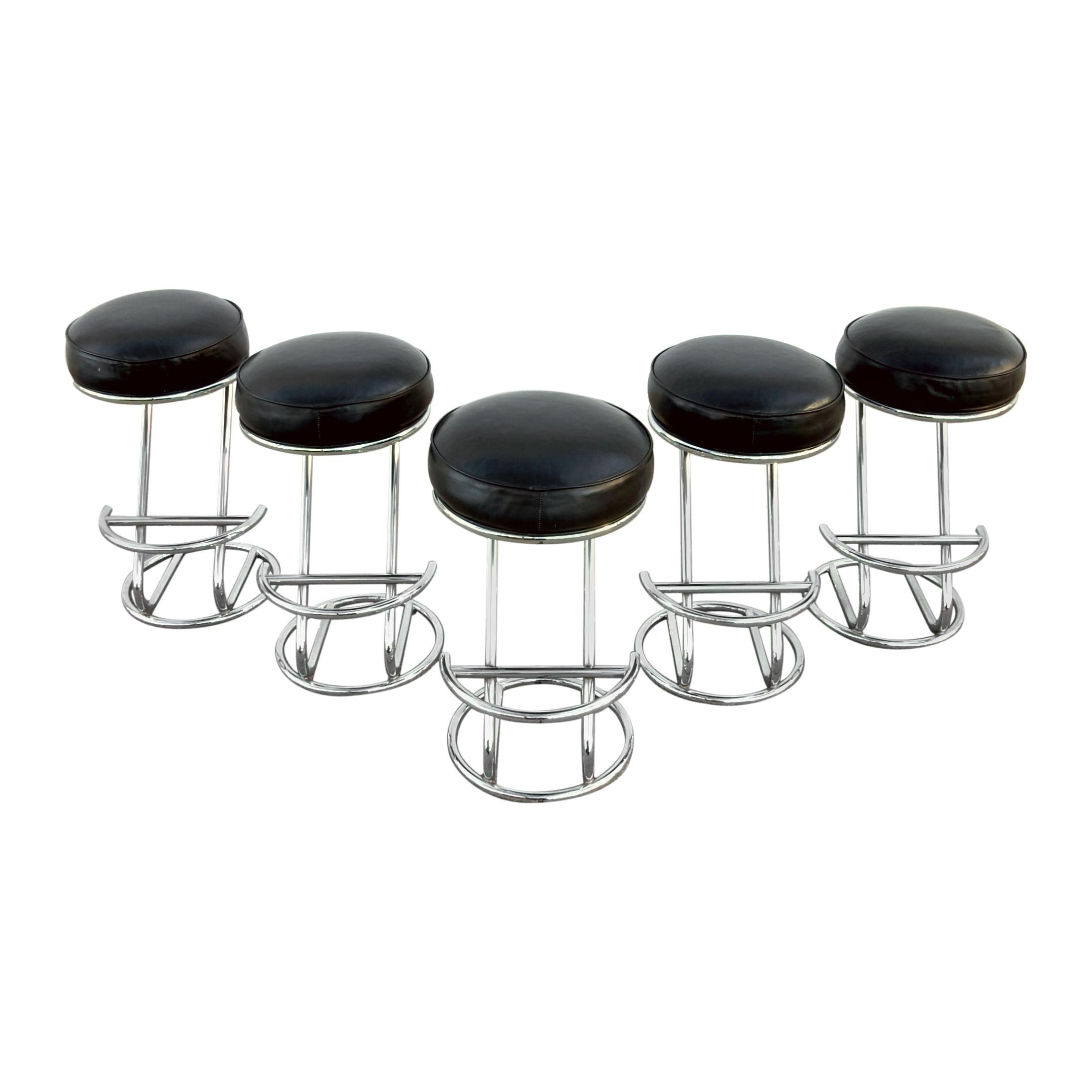 Steel Art Deco Chrome and Leather Bar Stools, Set of 5
