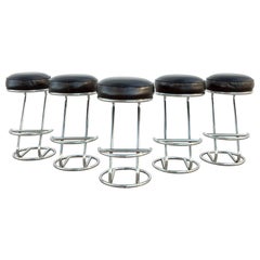 Art Deco Chrome and Leather Bar Stools, Set of 5