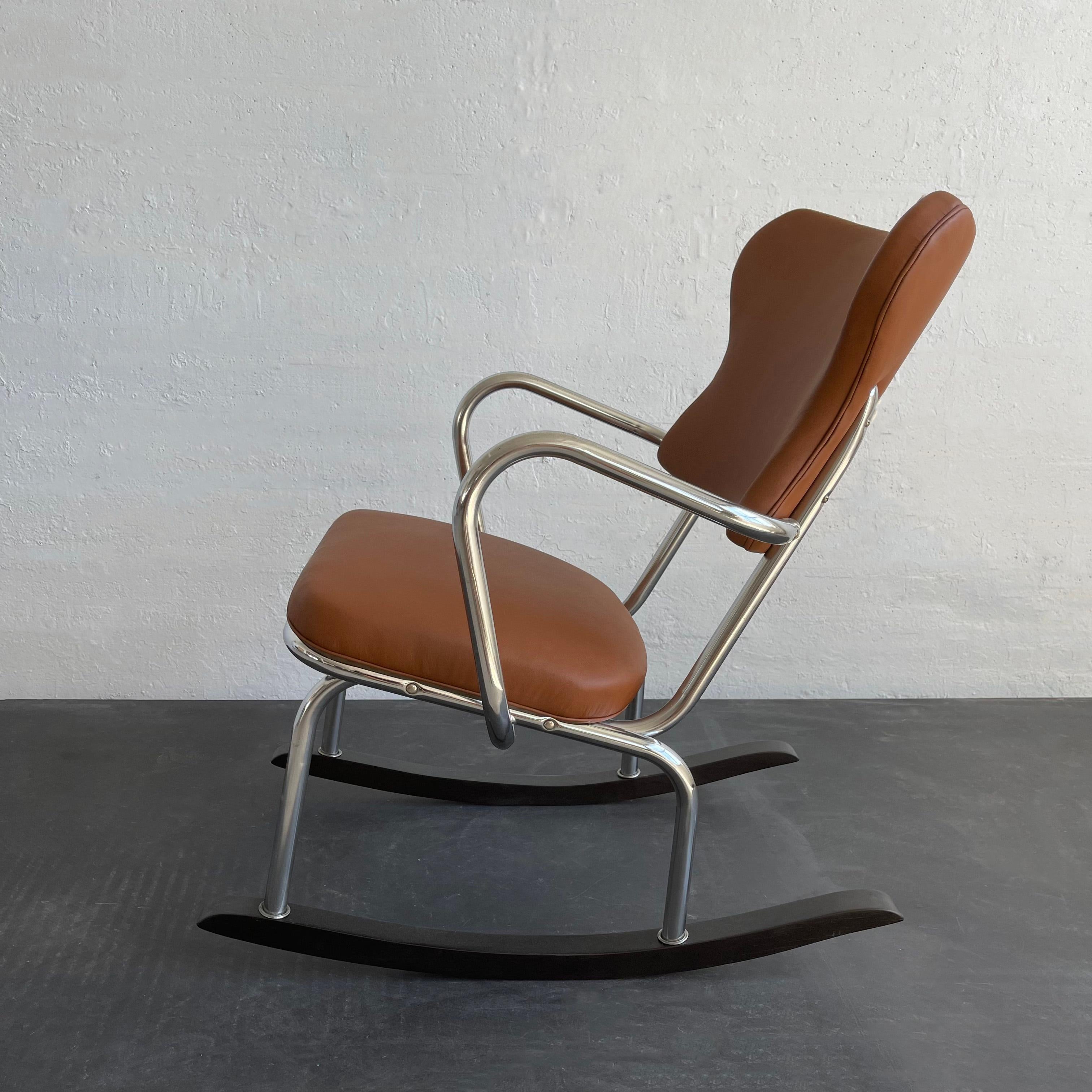 Americano Sedia a dondolo Art Deco cromata e in pelle in vendita