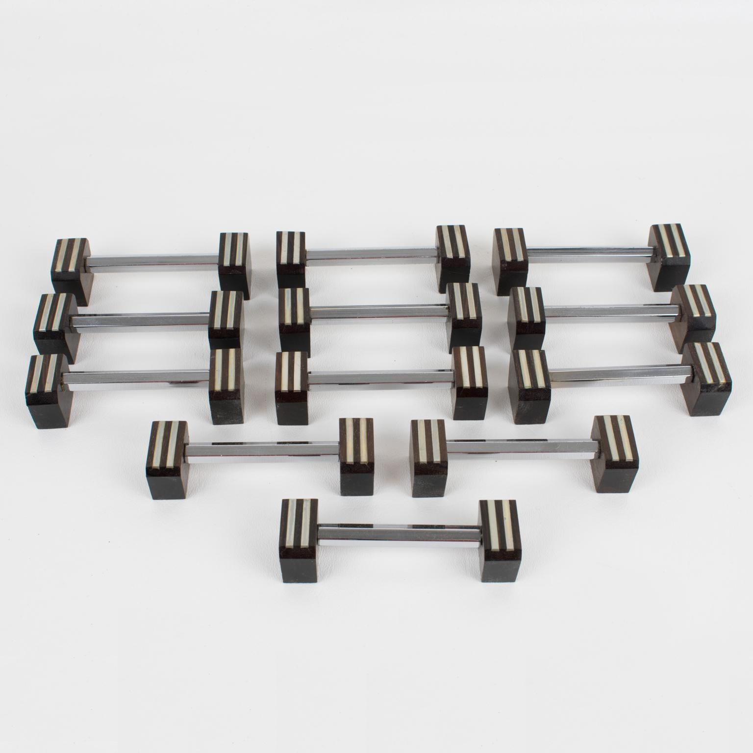 Enhance your dining experience with this exquisite Art Deco service, a remarkable collection of twelve knife or chopstick rests masterfully designed in chrome and Macassar wood. Crafted in France circa 1930, these pieces embody the elegance of