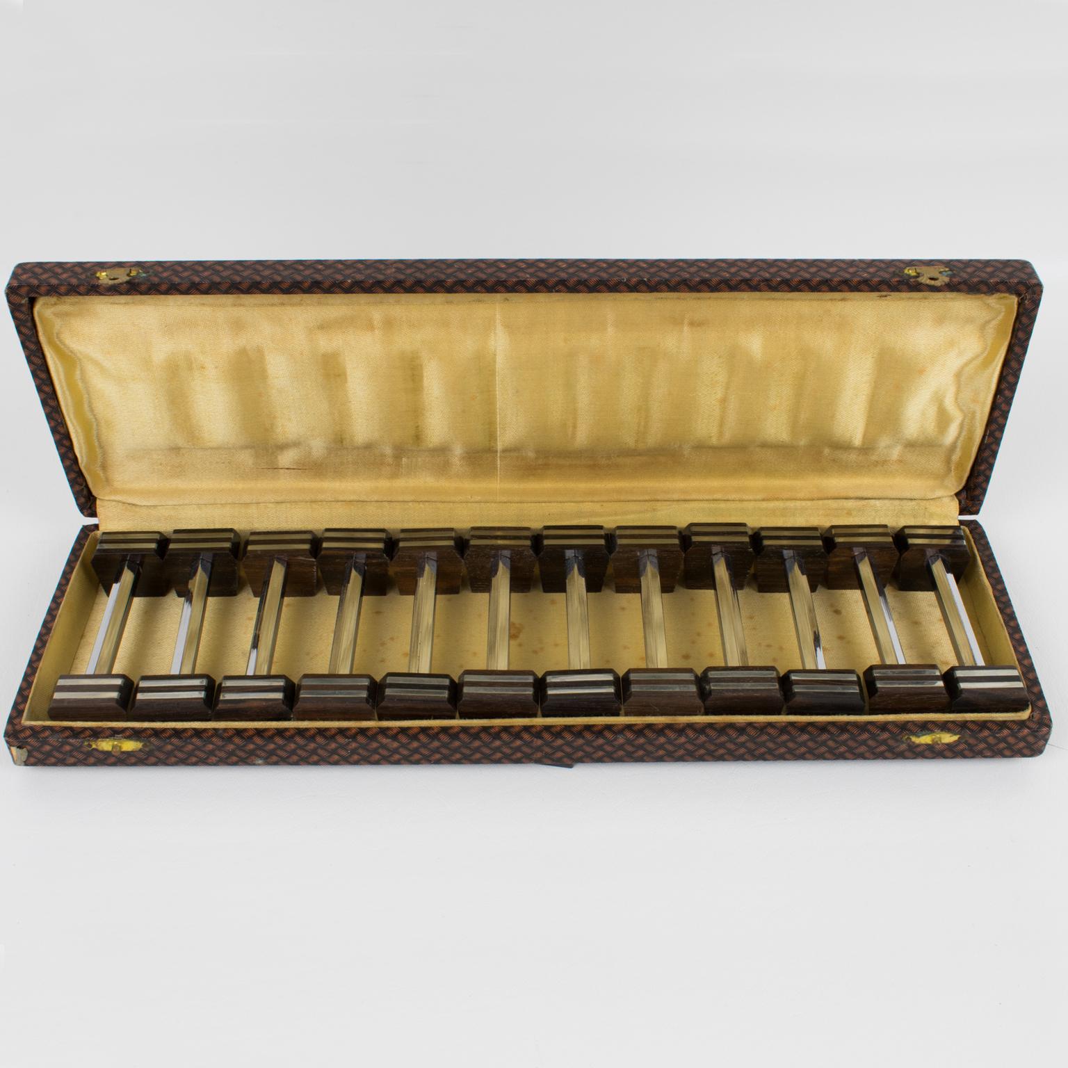 Art Deco Chrome and Macassar Chopstick Knife Rests, 12 Pieces in Box In Good Condition For Sale In Atlanta, GA