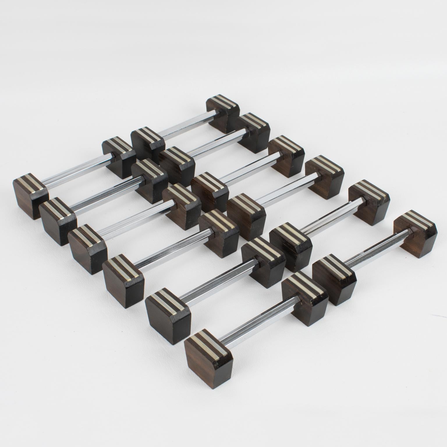 Mid-20th Century Art Deco Chrome and Macassar Chopstick Knife Rests, 12 Pieces in Box For Sale