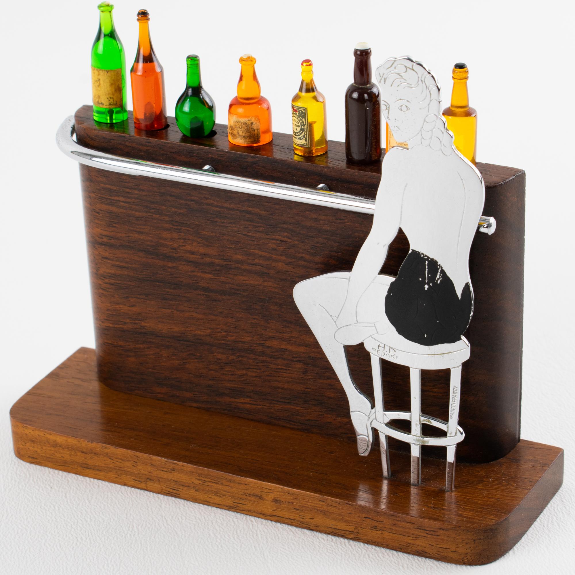 Art Deco Chrom und Makassar Holz Cocktail Picks, Dame an der Bar, um 1930 (Art déco) im Angebot