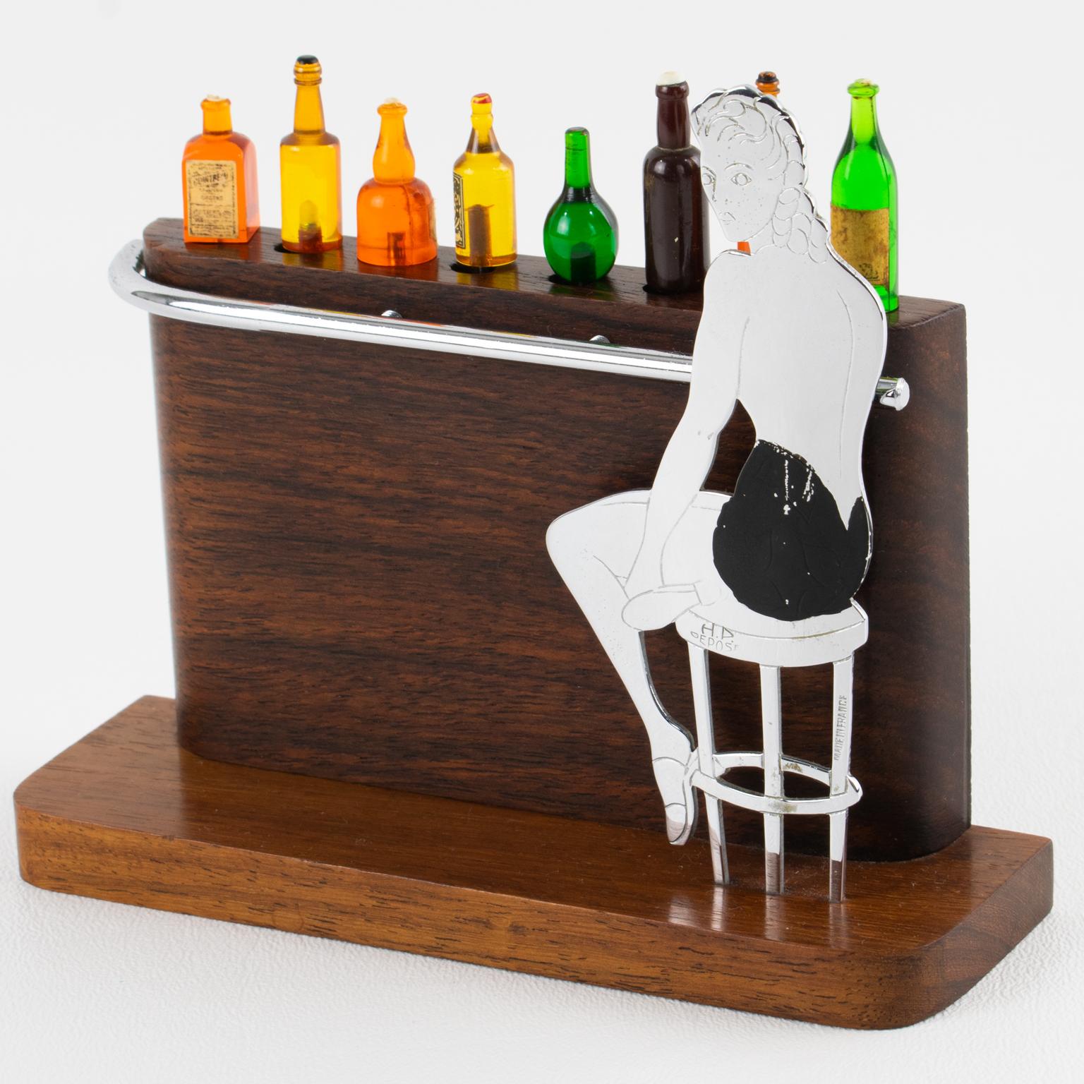 Art Deco Chrom und Makassar Holz Cocktail Picks, Dame an der Bar, um 1930 (Mitte des 20. Jahrhunderts) im Angebot