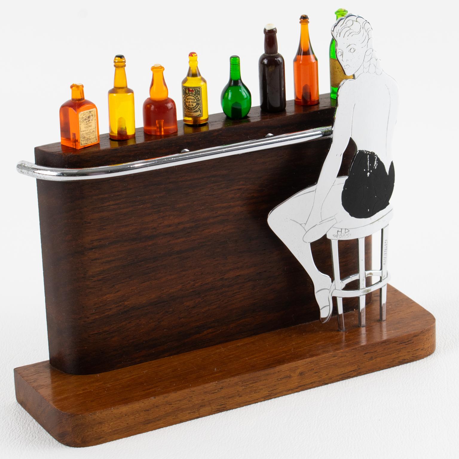 Art Deco Chrom und Makassar Holz Cocktail Picks, Dame an der Bar, um 1930 (Metall) im Angebot