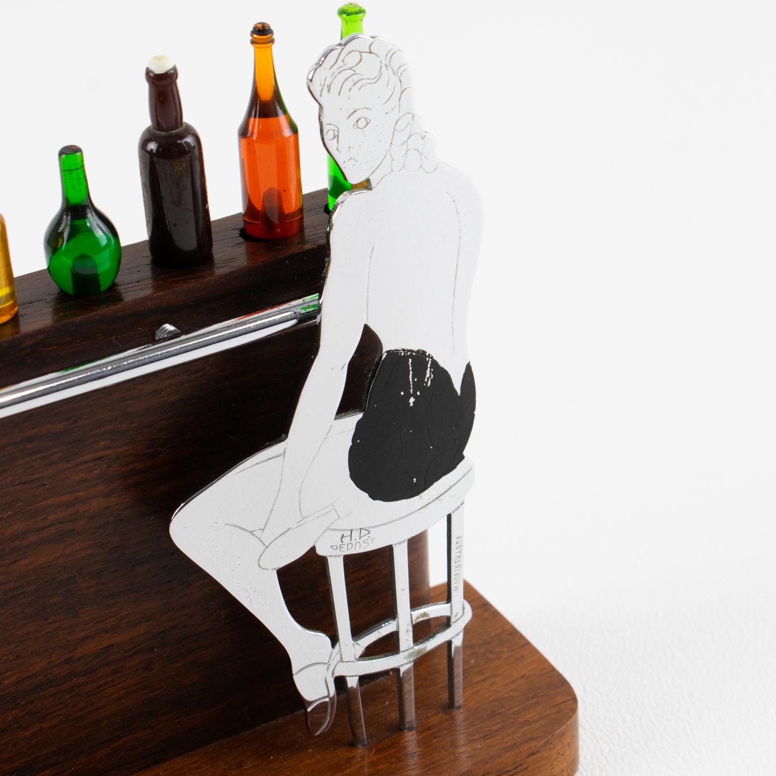 Art Deco Chrom und Makassar Holz Cocktail Picks, Dame an der Bar, um 1930 im Angebot 1