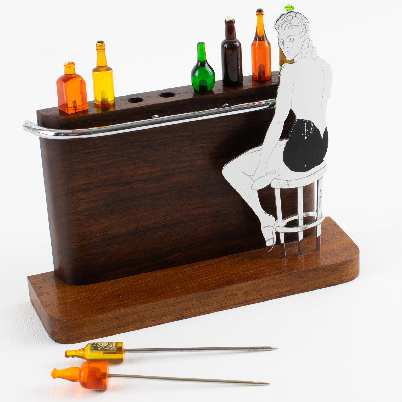 Art Deco Chrom und Makassar Holz Cocktail Picks, Dame an der Bar, um 1930 im Angebot 2